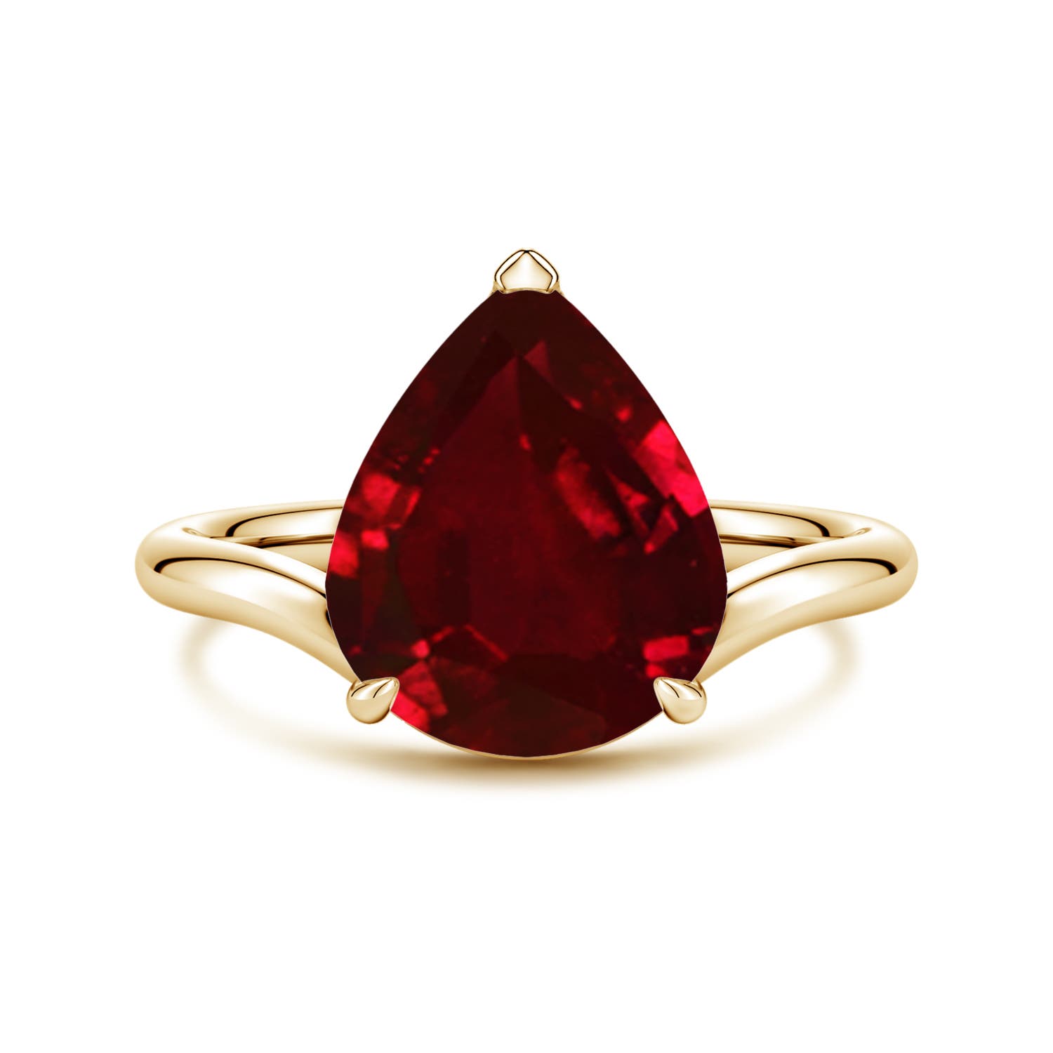 Angara 5.0 Carats Solitaire Pear Lab-Grown Ruby Curved Shank Engagement Ring in 18K Yellow Gold