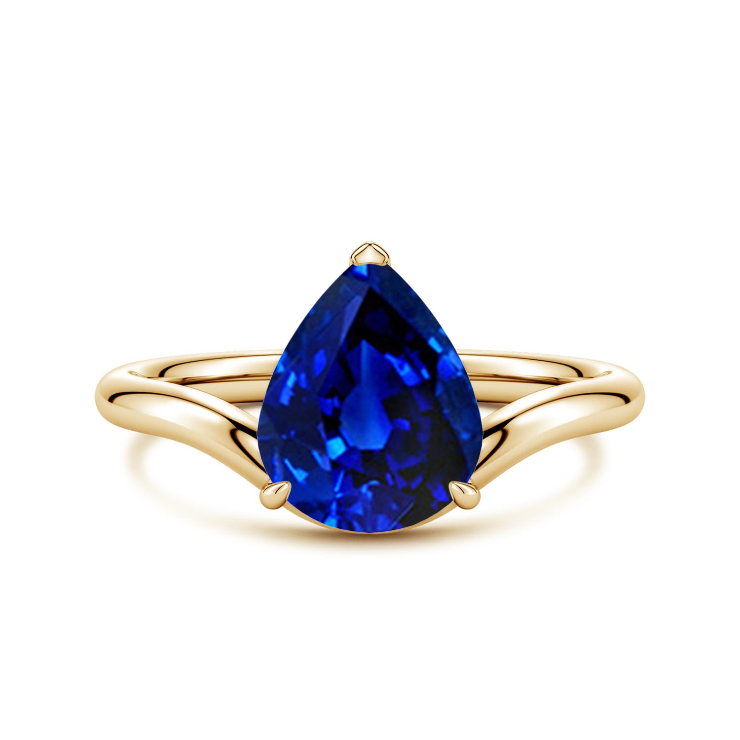 Angara 3.0 Carats Solitaire Pear Lab-Grown Blue Sapphire Curved Shank Engagement Ring in 18K Yellow Gold
