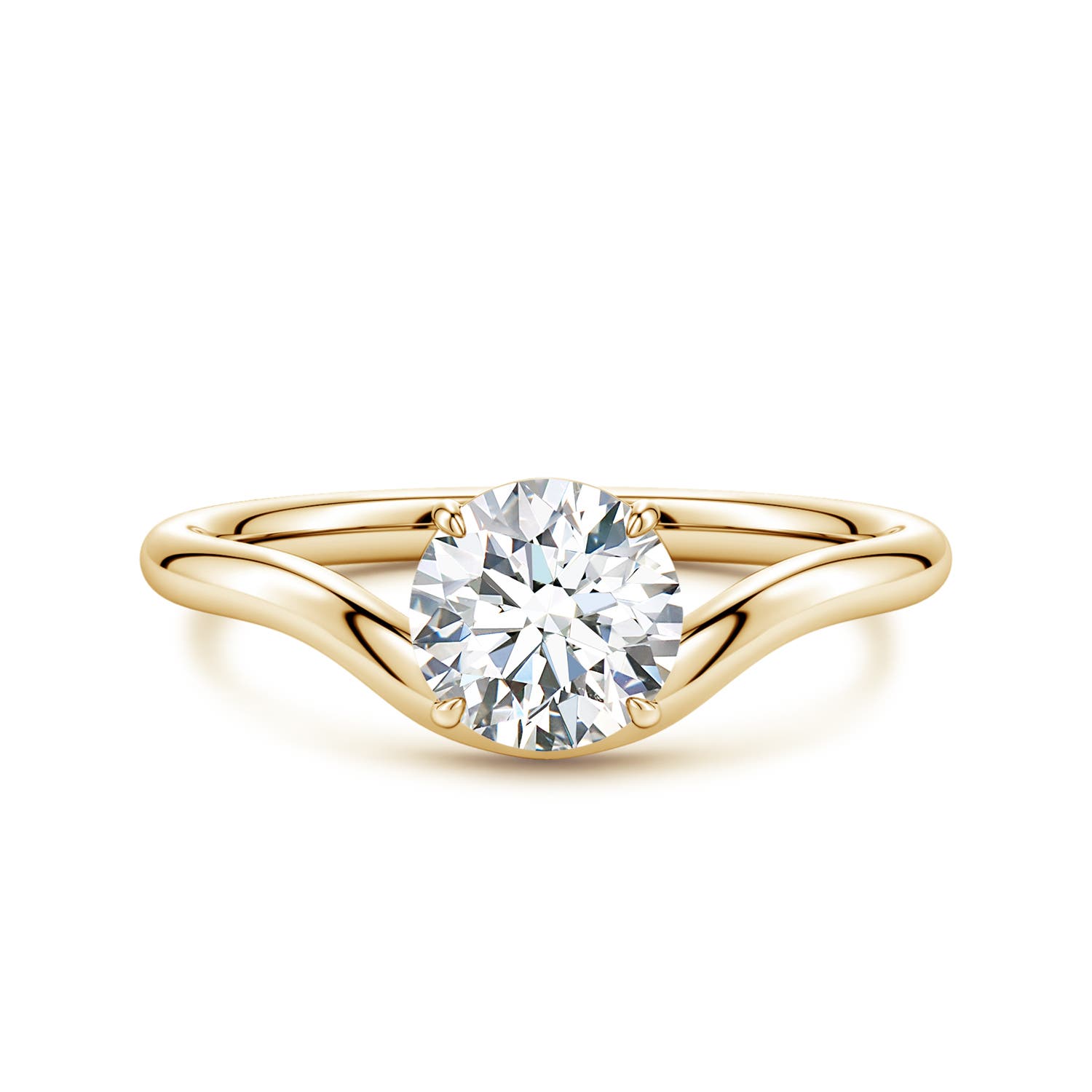 6.4mm FGVS Solitaire Round Lab-Grown Diamond Curved Shank Engagement Ring in Yellow Gold