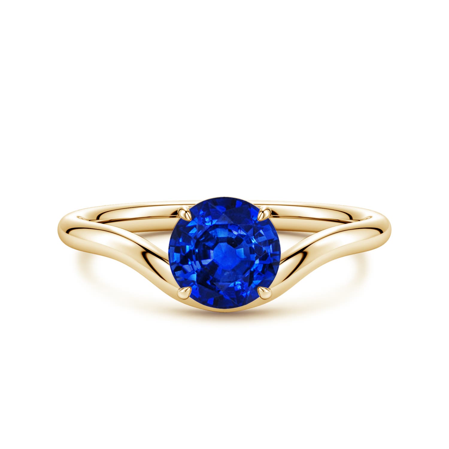 Angara 1.2 Carats Solitaire Round Lab-Grown Blue Sapphire Curved Shank Engagement Ring in 14K Yellow Gold