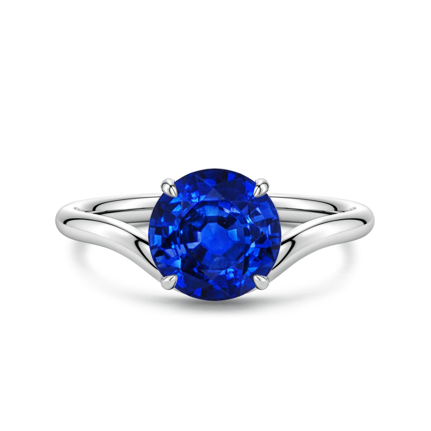 8mm Labgrown Solitaire Round Lab-Grown Blue Sapphire Curved Shank Engagement Ring in 18K White Gold