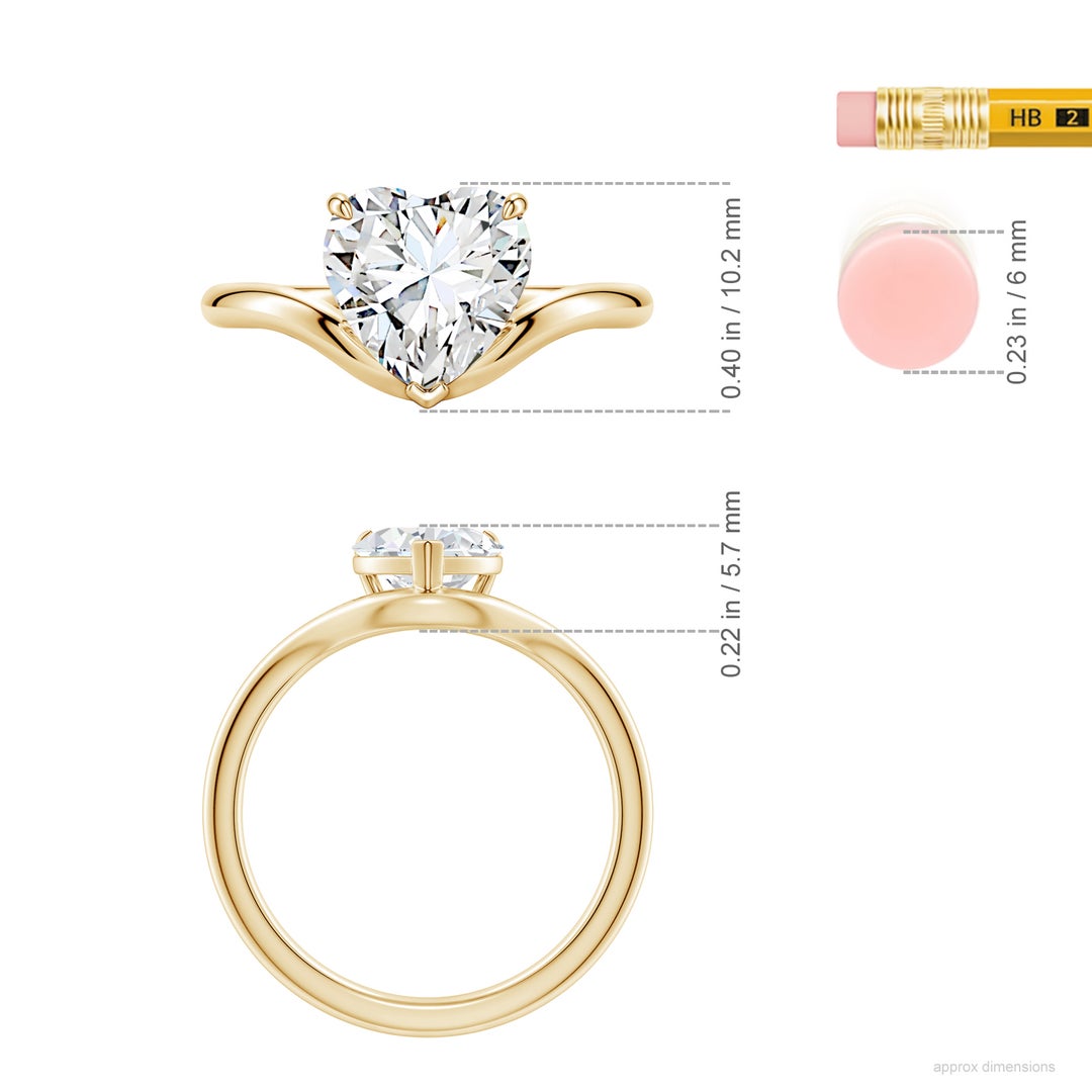 9mm FGVS Solitaire Heart-Shaped Lab-Grown Diamond Curved Shank Engagement Ring in Yellow Gold - ruler