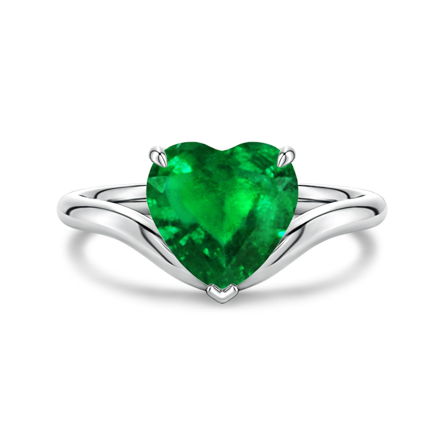 Angara 1.2 Carats Solitaire Heart-Shaped Lab-Grown Emerald Curved Shank Engagement Ring in 18K White Gold