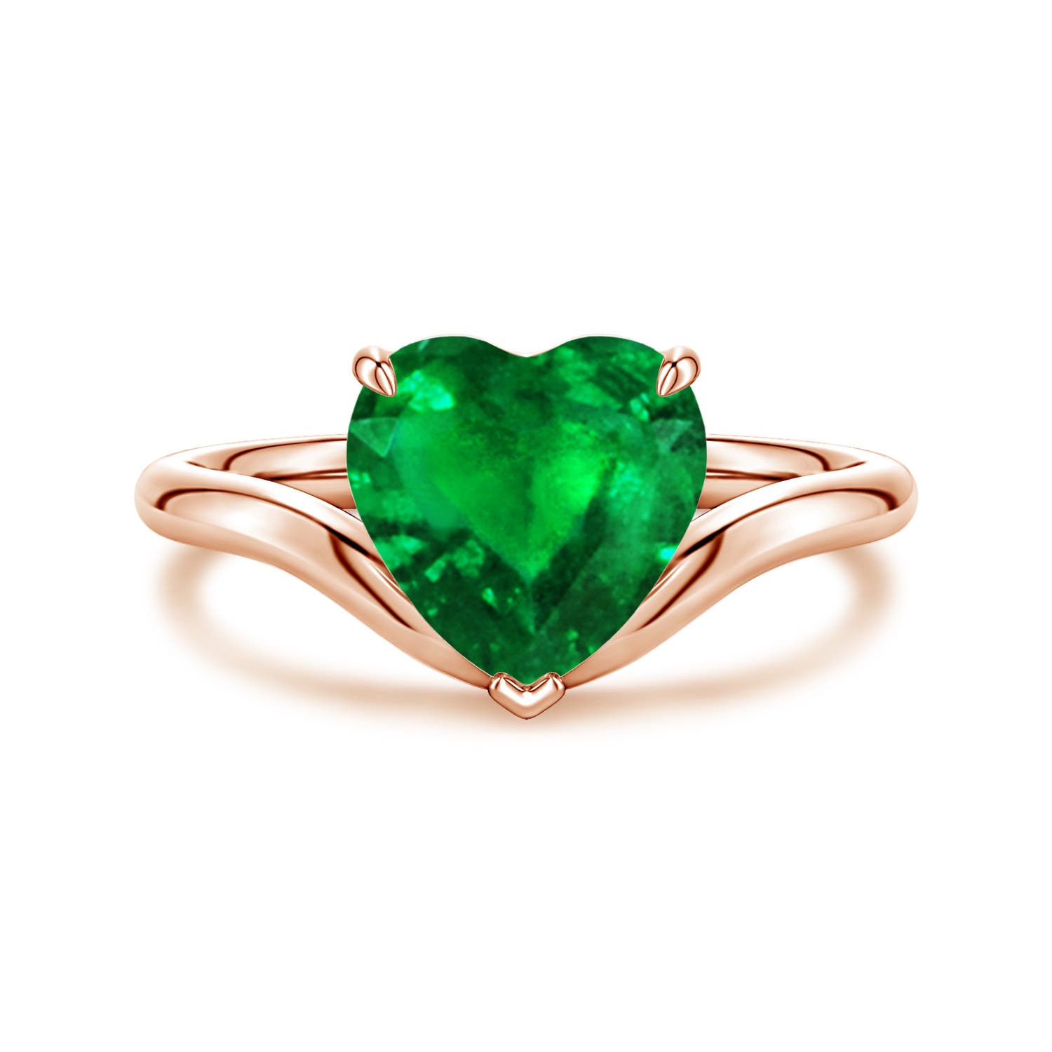 Angara 1.2 Carats Solitaire Heart-Shaped Lab-Grown Emerald Curved Shank Engagement Ring in 14K Rose Gold