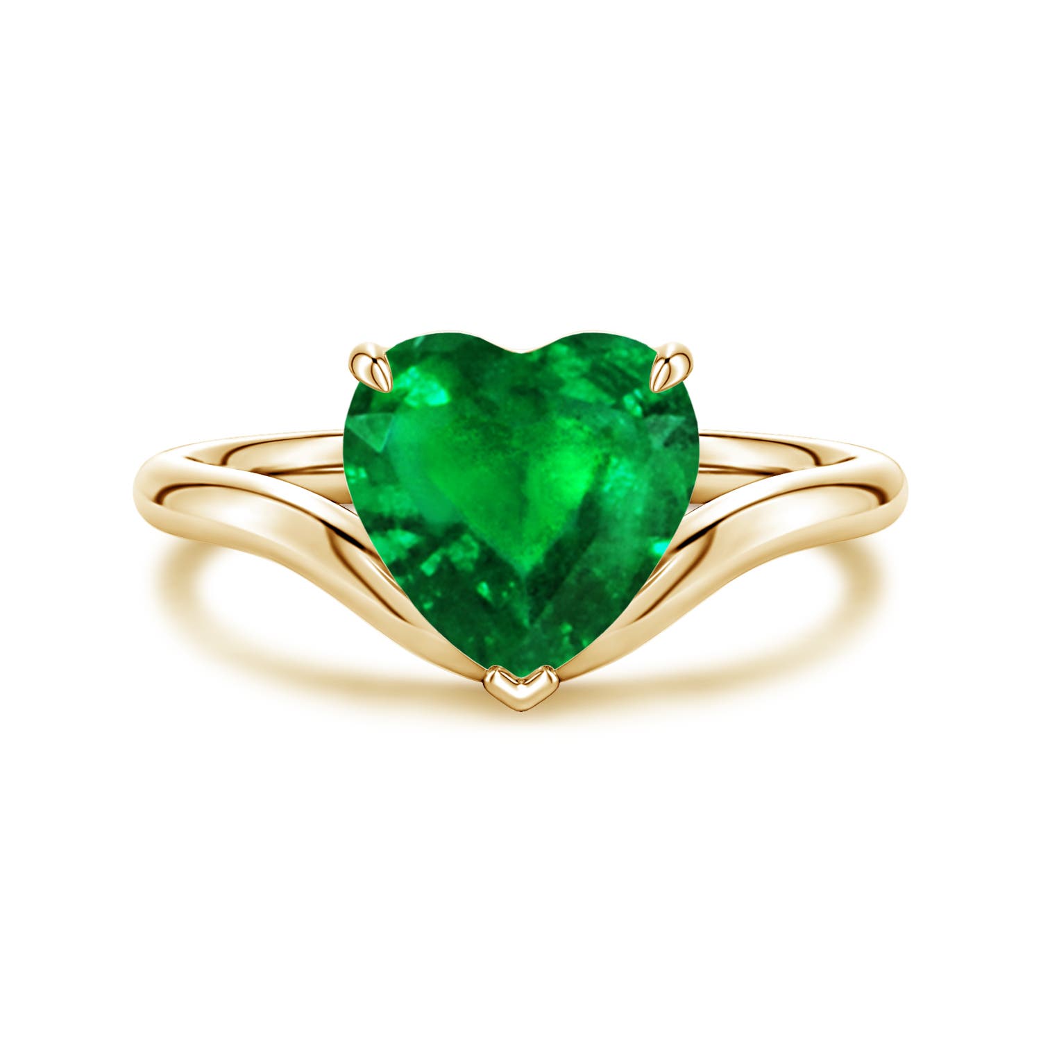 Angara 1.2 Carats Solitaire Heart-Shaped Lab-Grown Emerald Curved Shank Engagement Ring in 14K Yellow Gold