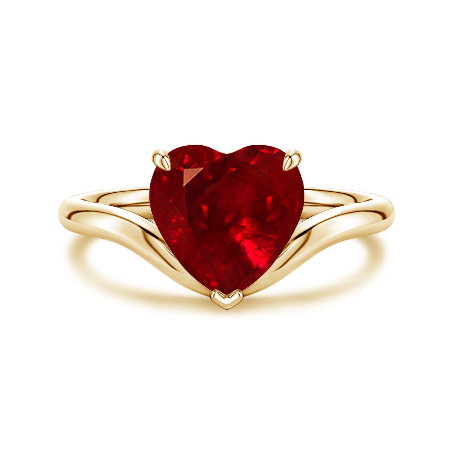 Angara 1.65 Carats Solitaire Heart-Shaped Lab-Grown Ruby Curved Shank Engagement Ring in 18K Yellow Gold
