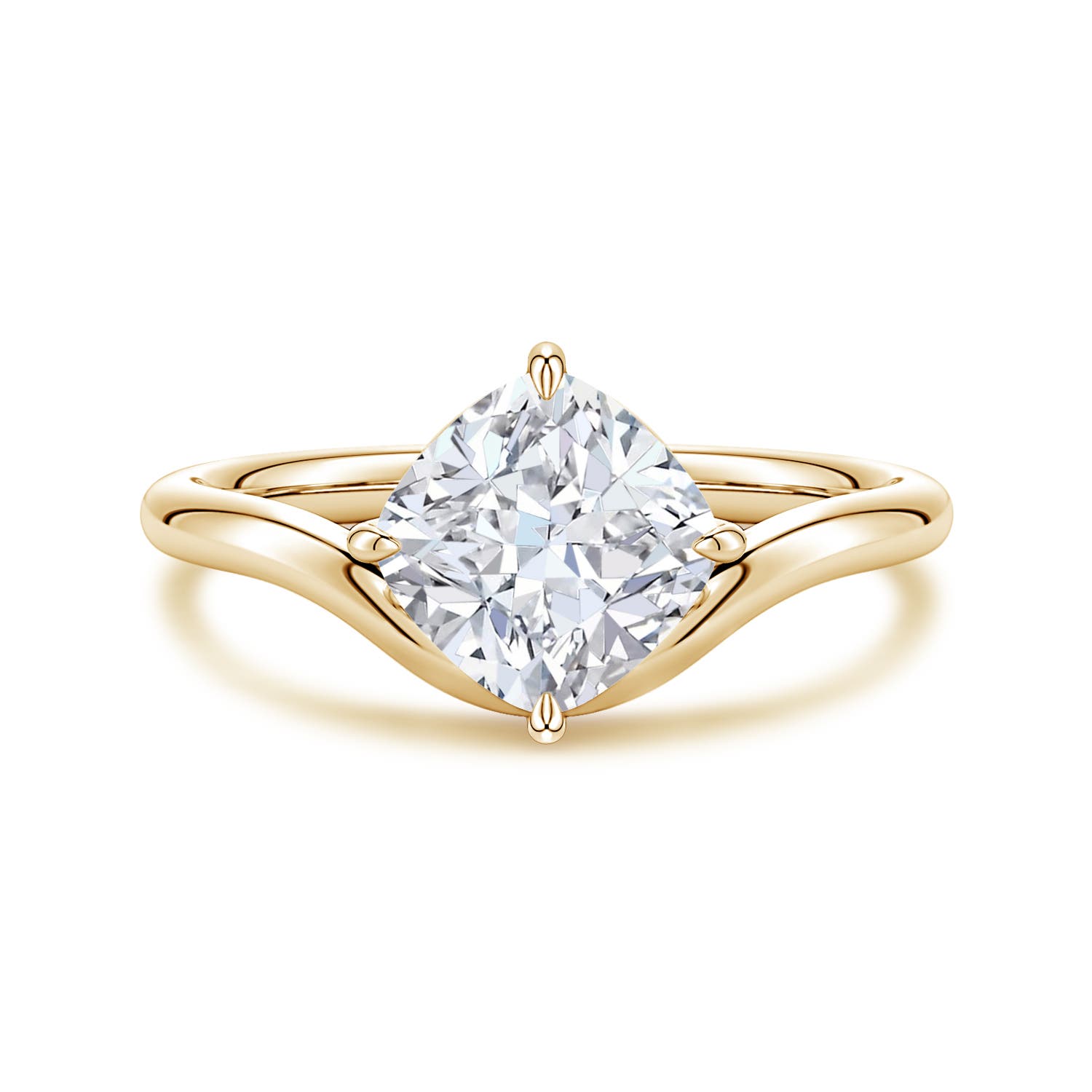 Angara 2.5 Carats Solitaire Cushion Lab-Grown Diamond Curved Shank Engagement Ring in 18K Yellow Gold