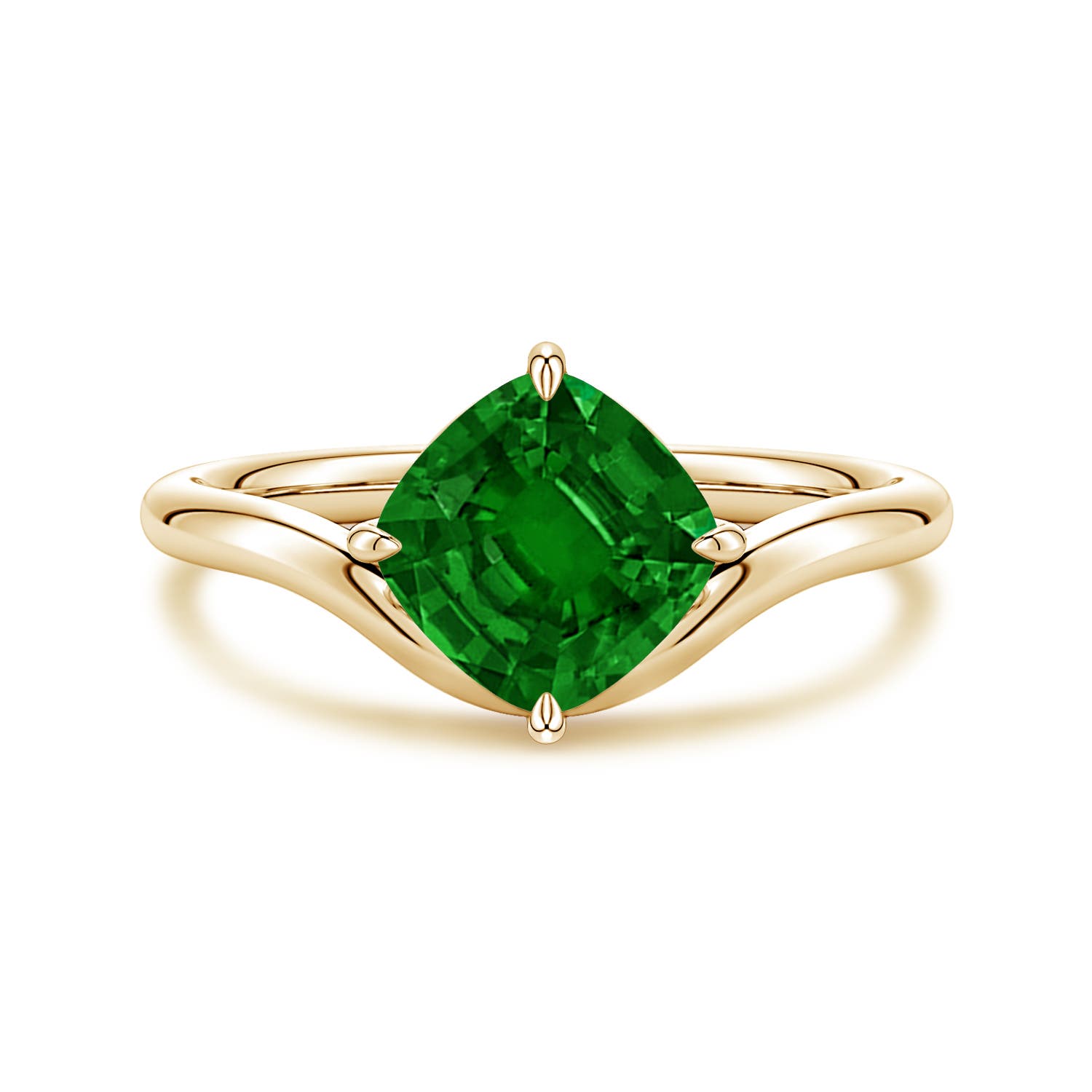Angara 1.45 Carats Solitaire Cushion Lab-Grown Emerald Curved Shank Engagement Ring in 18K Yellow Gold