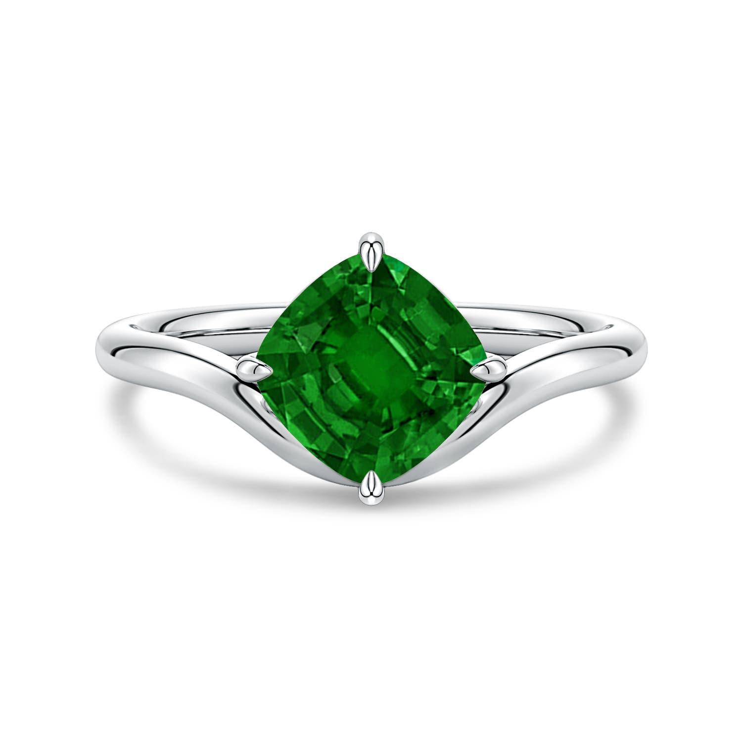 Angara 1.45 Carats Solitaire Cushion Lab-Grown Emerald Curved Shank Engagement Ring in Platinum
