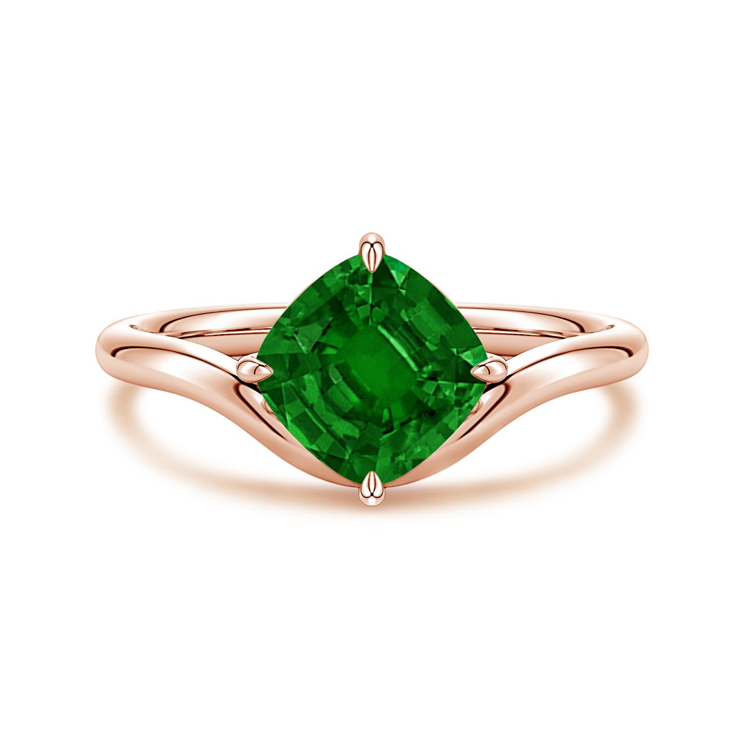 Angara 1.45 Carats Solitaire Cushion Lab-Grown Emerald Curved Shank Engagement Ring in 14K Rose Gold