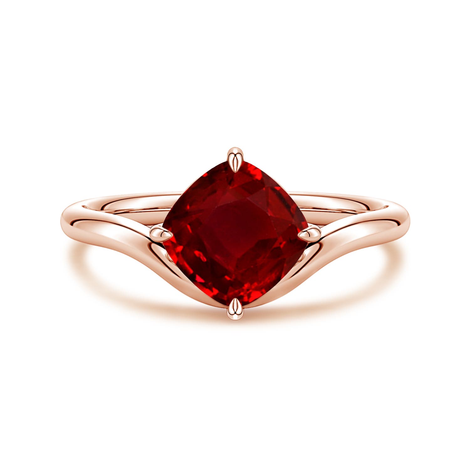 Angara 1.6 Carats Solitaire Cushion Lab-Grown Ruby Curved Shank Engagement Ring in 18K Rose Gold