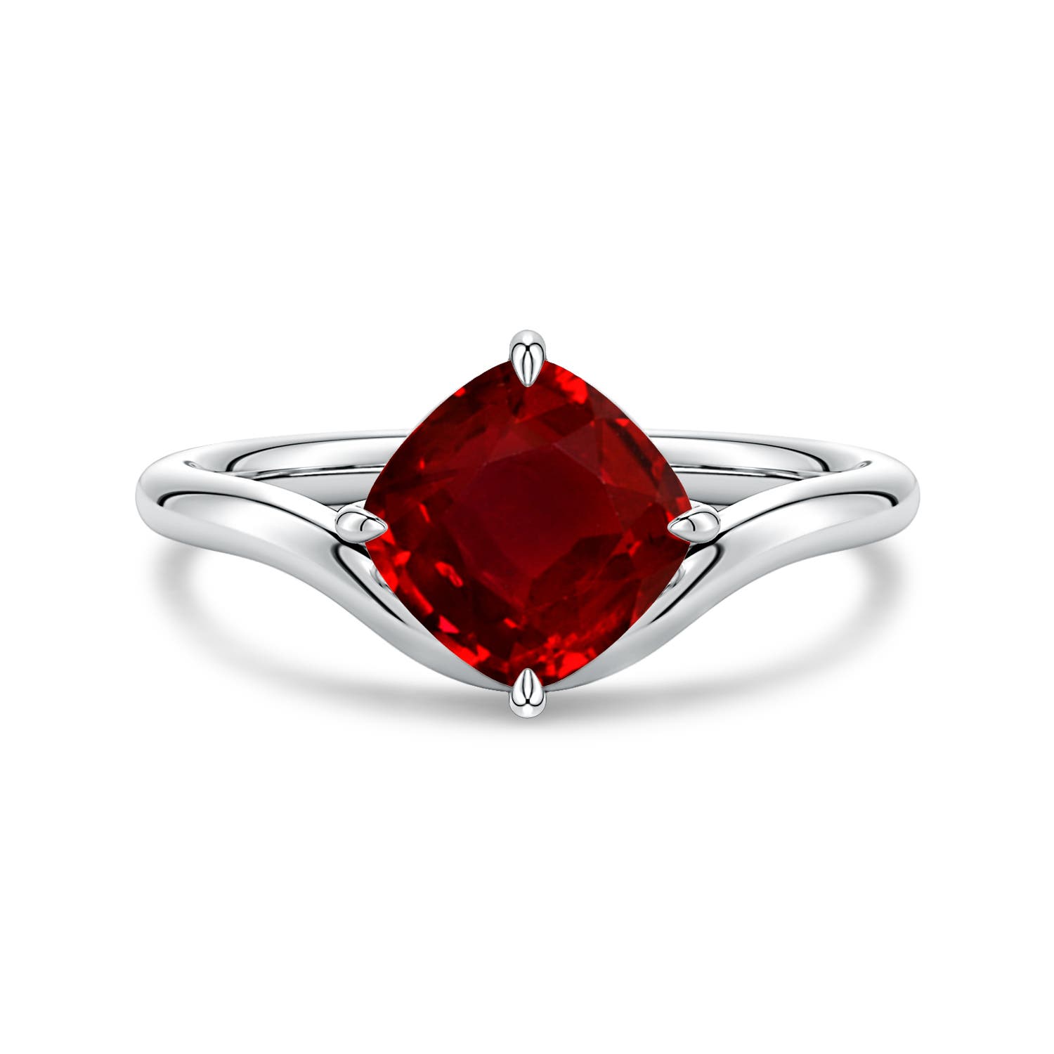 Angara 1.6 Carats Solitaire Cushion Lab-Grown Ruby Curved Shank Engagement Ring in Platinum
