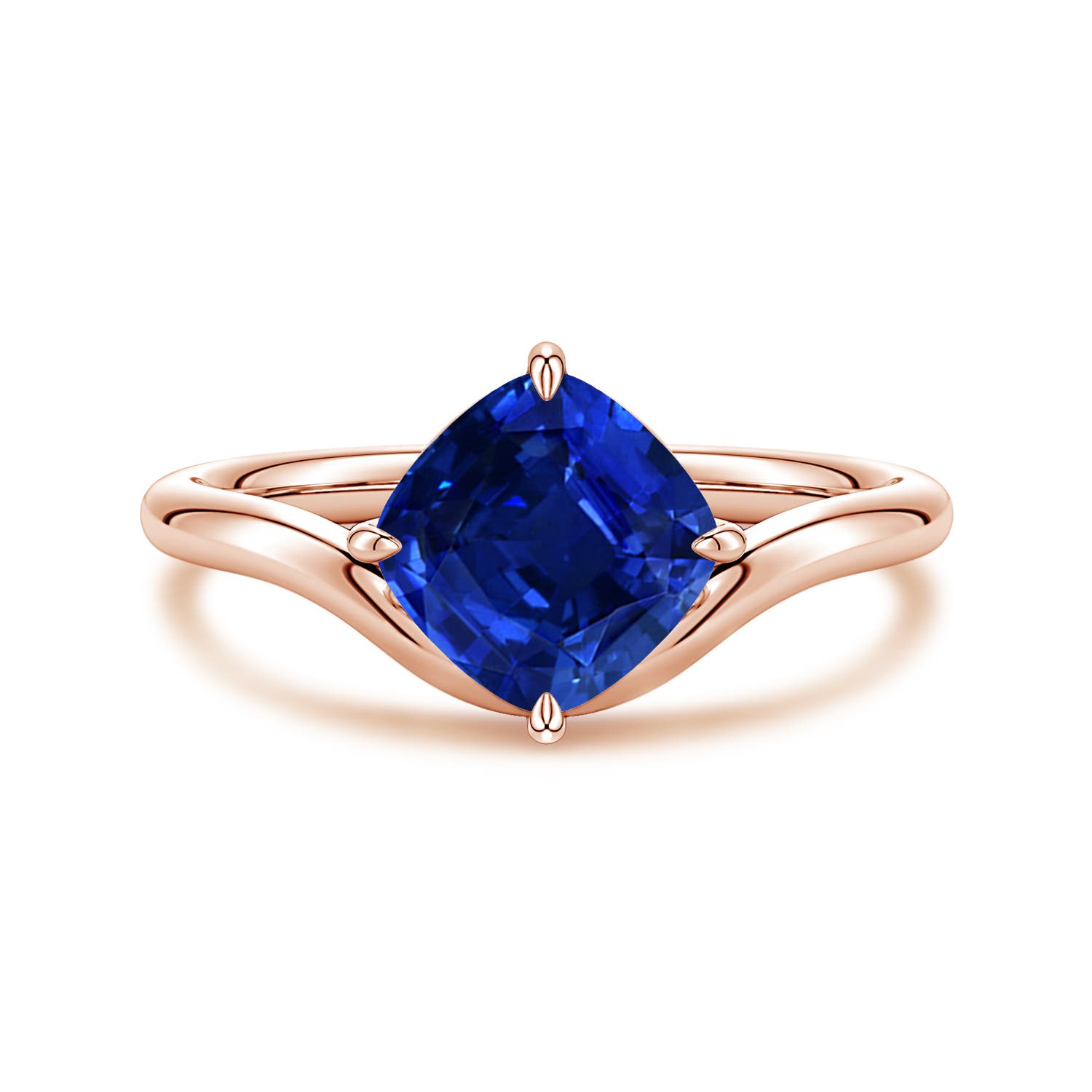Angara 1.6 Carats Solitaire Cushion Lab-Grown Blue Sapphire Curved Shank Engagement Ring in 18K Rose Gold