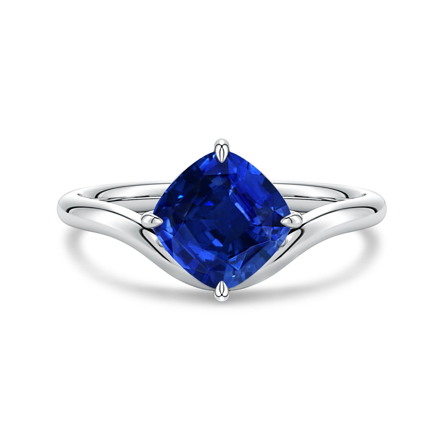 Angara 1.6 Carats Solitaire Cushion Lab-Grown Blue Sapphire Curved Shank Engagement Ring in 18K White Gold