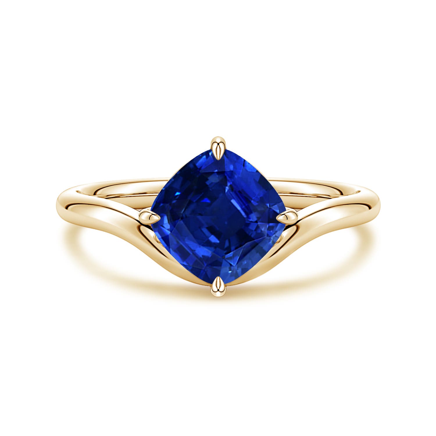 Angara 1.6 Carats Solitaire Cushion Lab-Grown Blue Sapphire Curved Shank Engagement Ring in 14K Yellow Gold