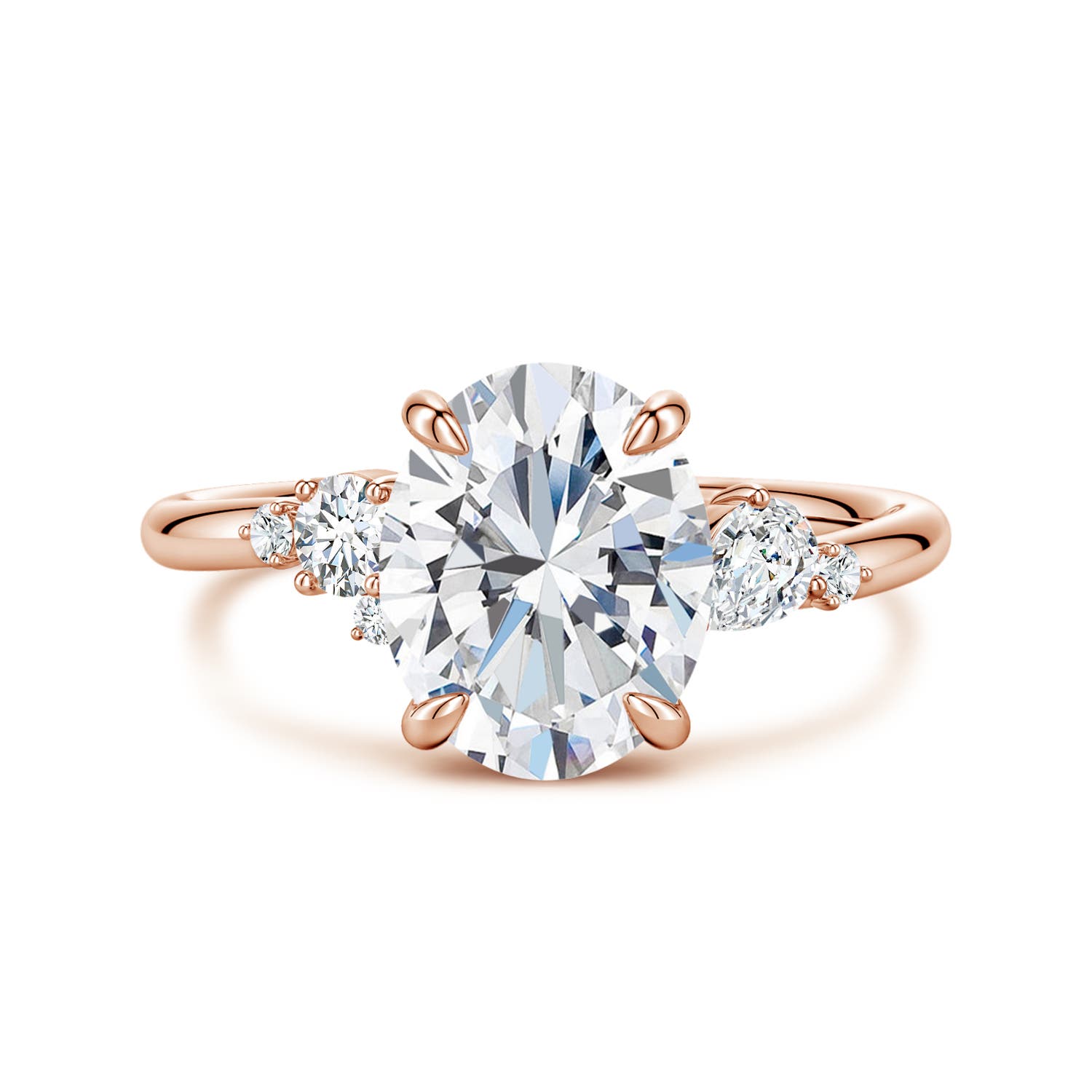 10x8mm FGVS Claw Prong Oval Lab-Grown Diamond Engagement Ring with Multi-Shape Accents in 18K Rose Gold