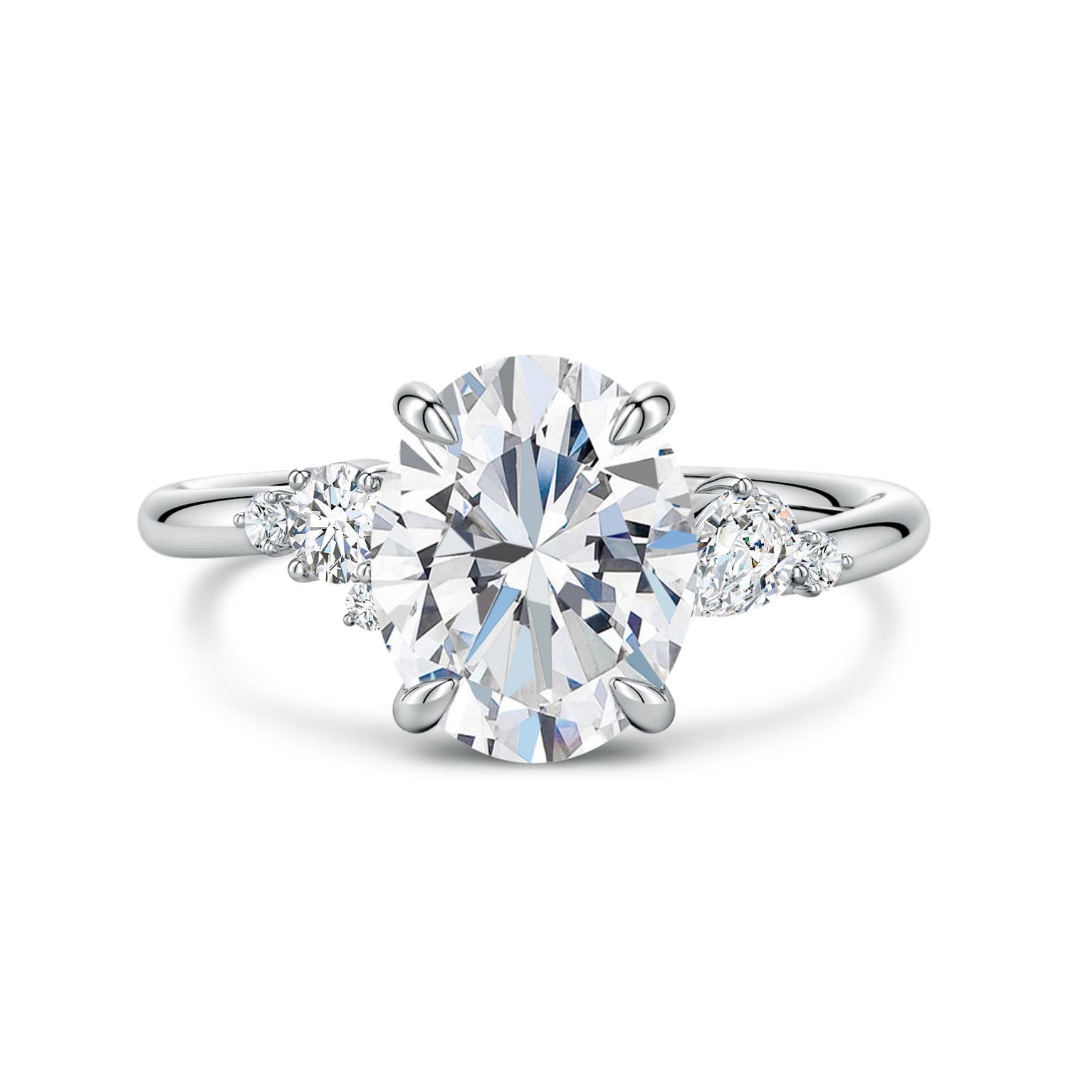 10x8mm FGVS Claw Prong Oval Lab-Grown Diamond Engagement Ring with Multi-Shape Accents in 18K White Gold