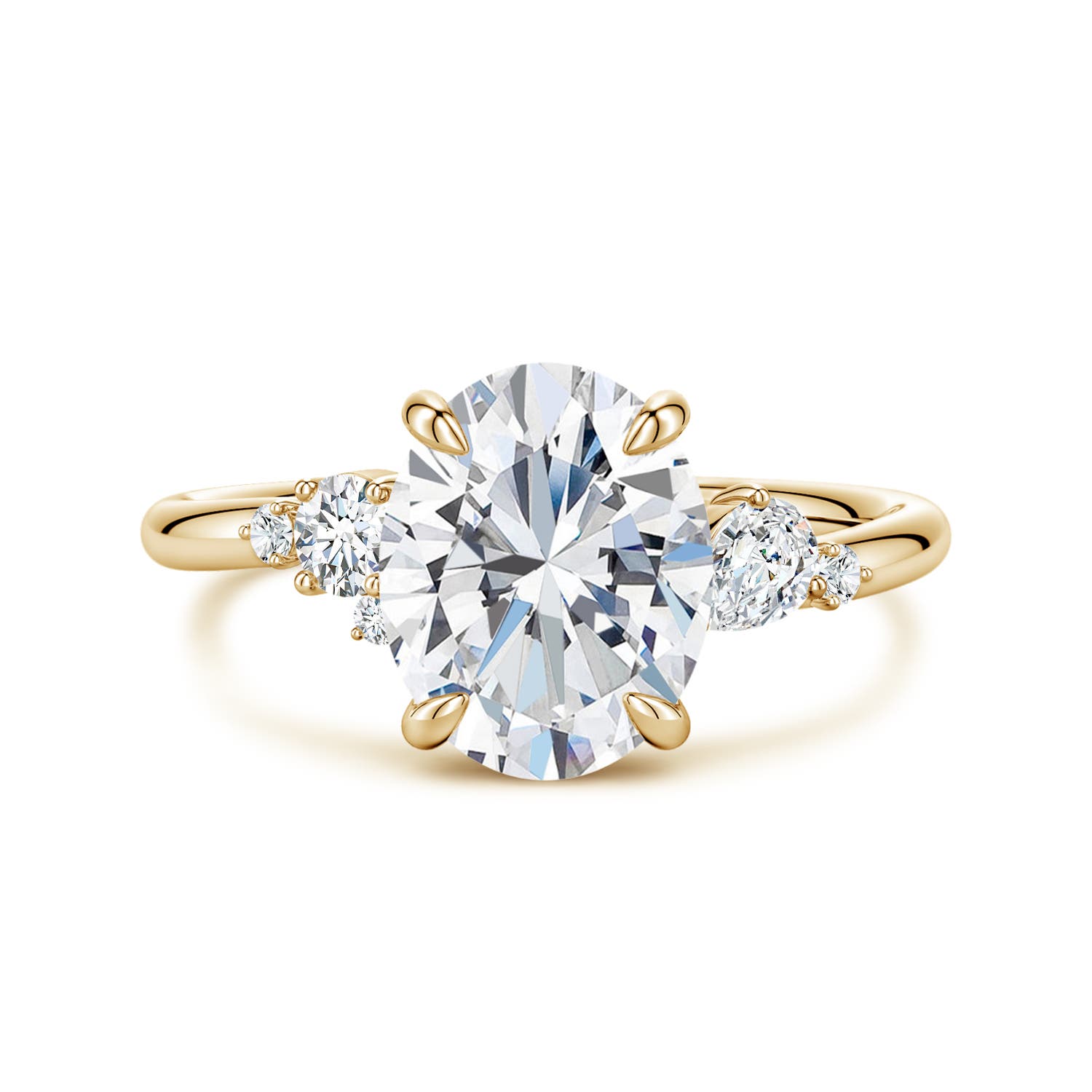 10x8mm FGVS Claw Prong Oval Lab-Grown Diamond Engagement Ring with Multi-Shape Accents in Yellow Gold