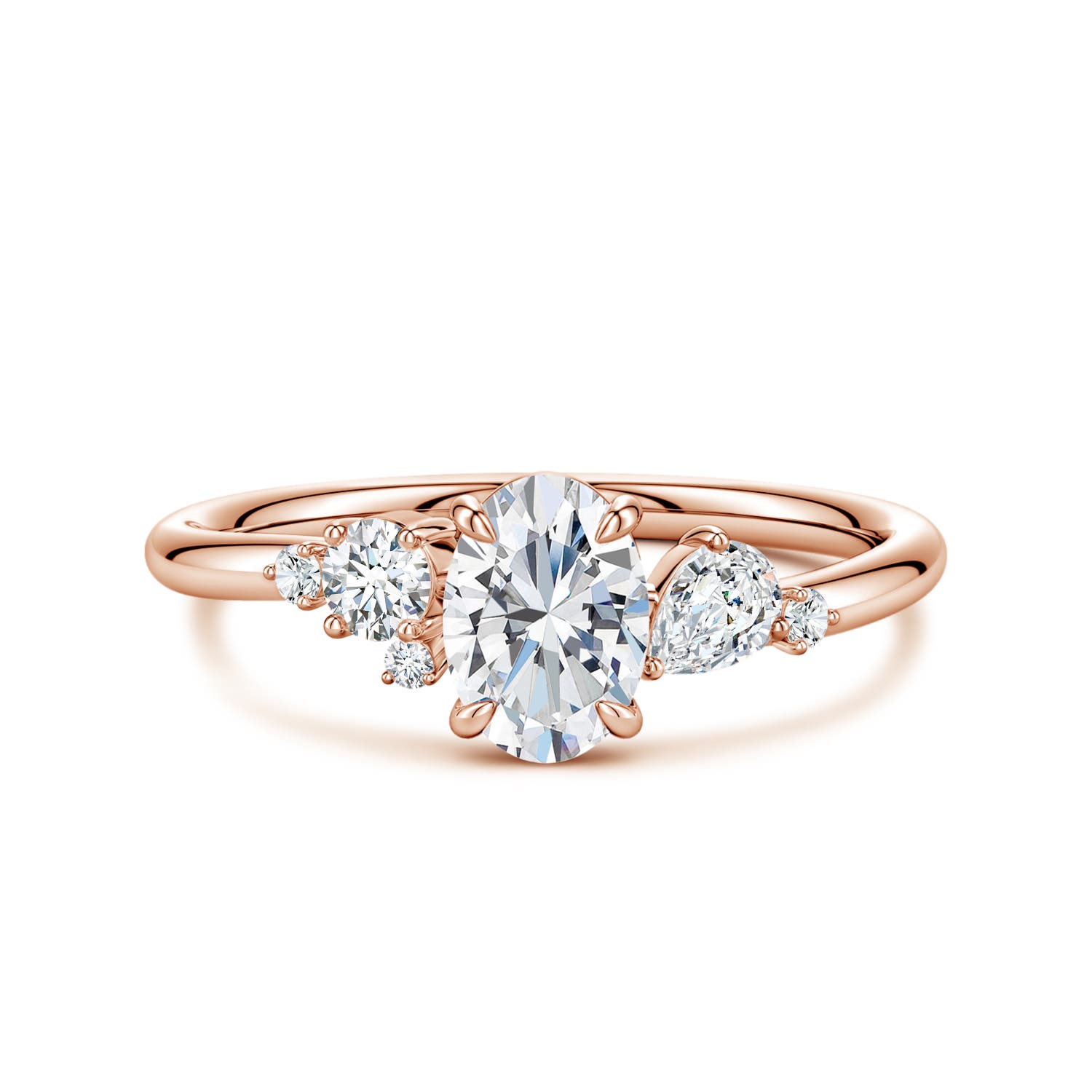 Angara 0.65 Carat Claw Prong Oval Lab-Grown Diamond Engagement Ring with Multi-Shape Accents in 18K Rose Gold