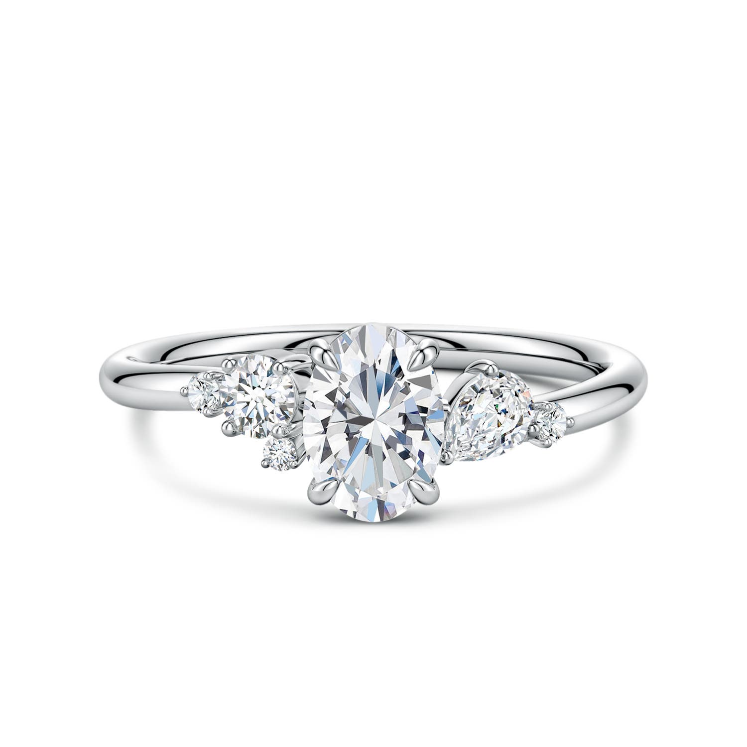 Angara 0.65 Carat Claw Prong Oval Lab-Grown Diamond Engagement Ring with Multi-Shape Accents in 18K White Gold