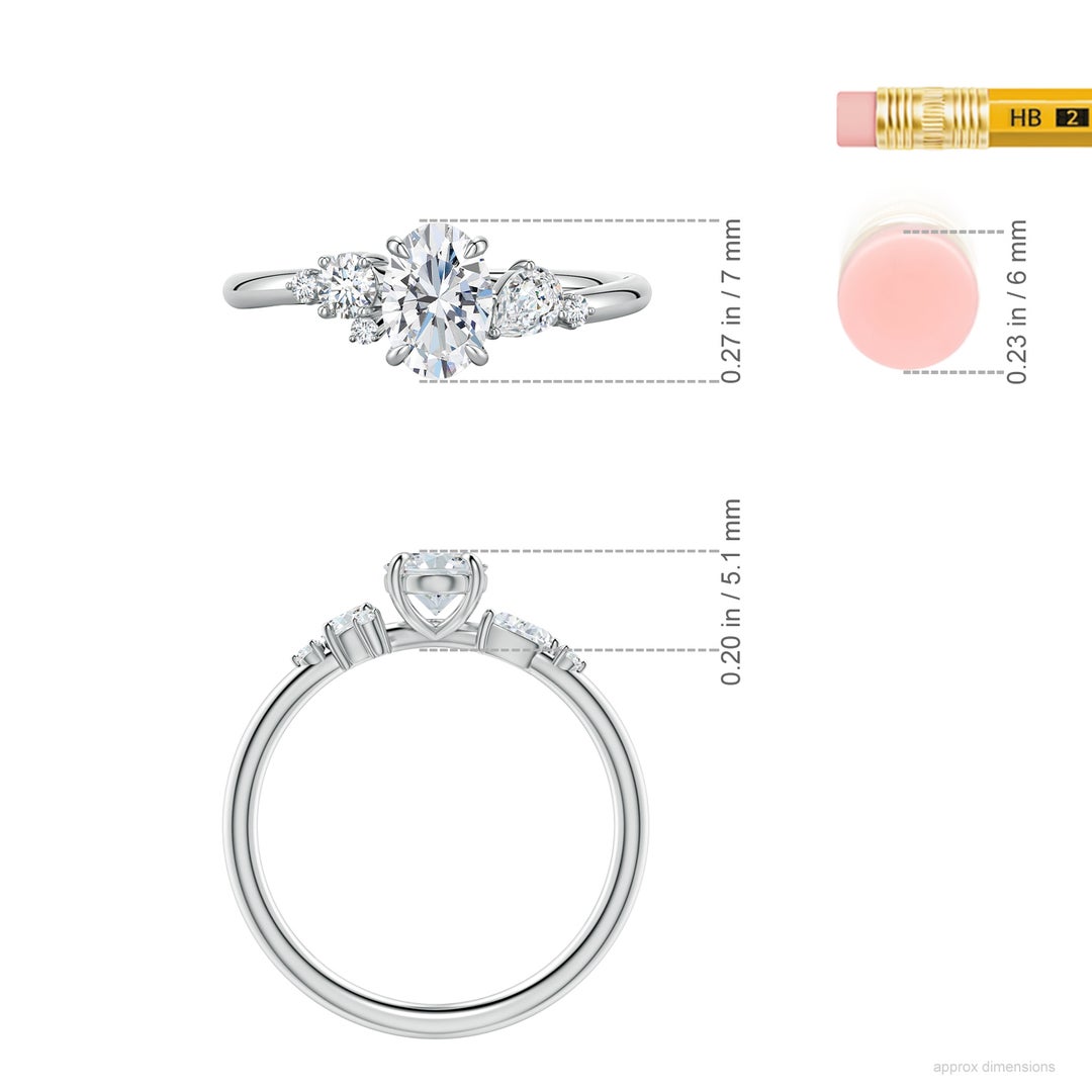 7x5mm FGVS Claw Prong Oval Lab-Grown Diamond Engagement Ring with Multi-Shape Accents in White Gold - ruler