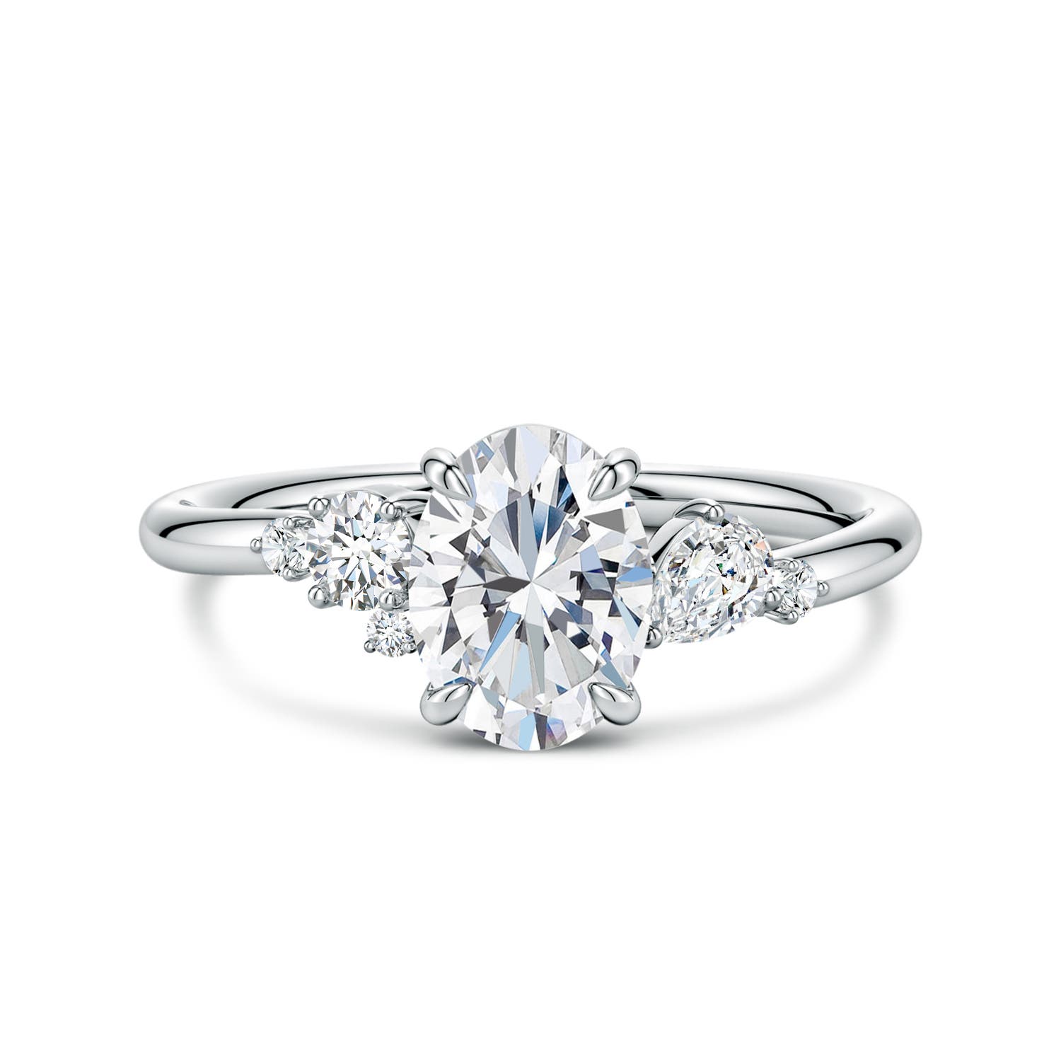 Angara 1.15 Carats Claw Prong Oval Lab-Grown Diamond Engagement Ring with Multi-Shape Accents in 18K White Gold