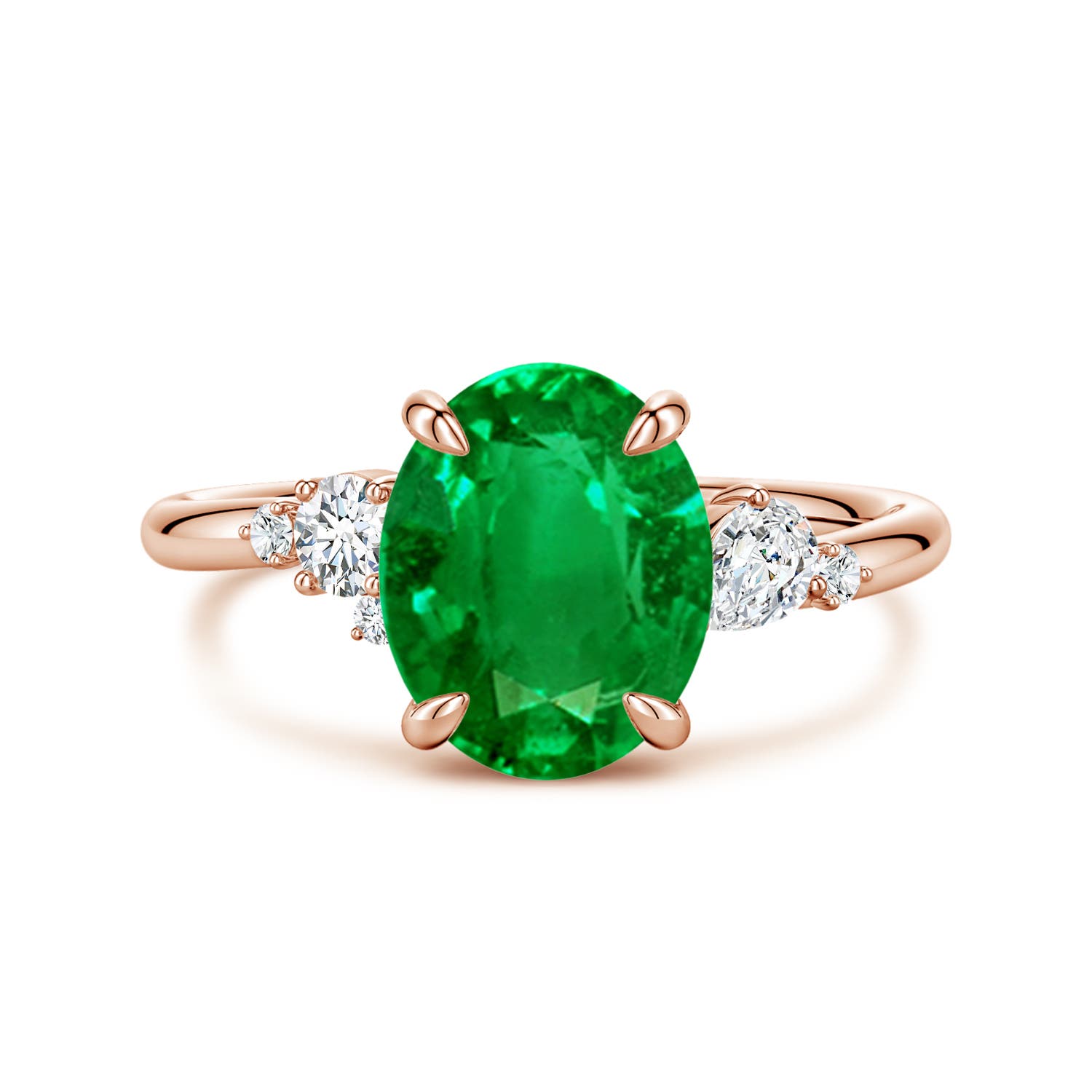 Angara 2.25 Carats Lab-Grown Claw Prong Oval Emerald Engagement Ring with Multi-Shape Diamonds in 18K Rose Gold