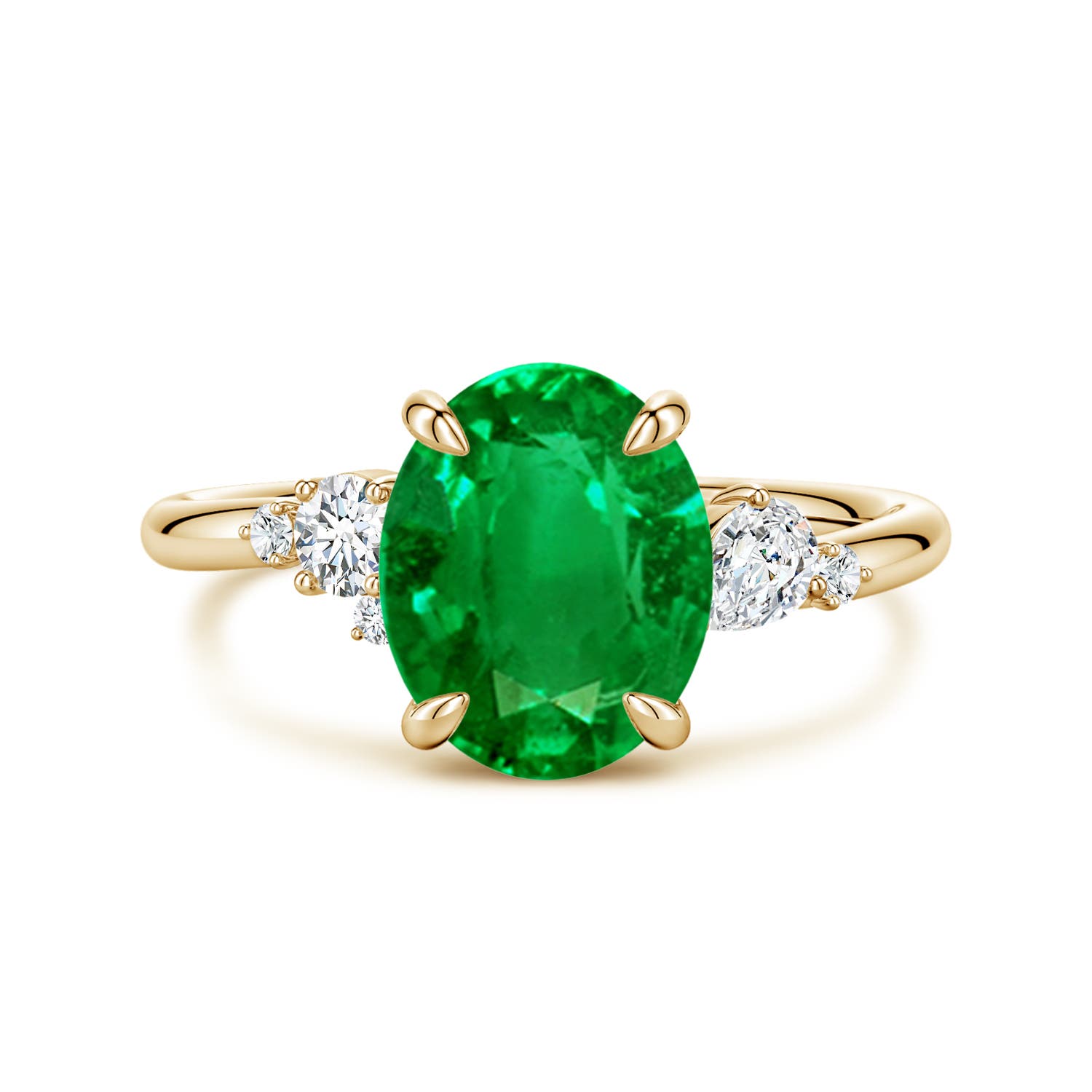 Angara 2.25 Carats Lab-Grown Claw Prong Oval Emerald Engagement Ring with Multi-Shape Diamonds in 18K Yellow Gold