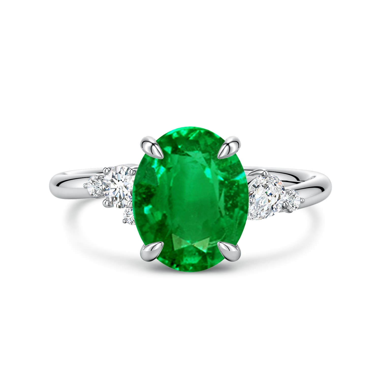 Angara 2.25 Carats Lab-Grown Claw Prong Oval Emerald Engagement Ring with Multi-Shape Diamonds in Platinum