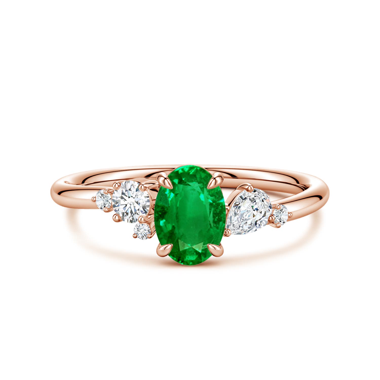 Angara 0.66 Carat Lab-Grown Claw Prong Oval Emerald Engagement Ring with Multi-Shape Diamonds in 18K Rose Gold