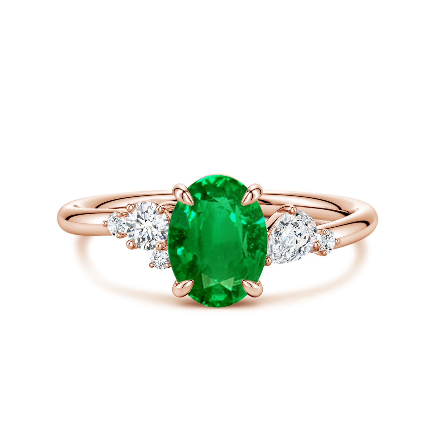 Angara 1.1 Carats Lab-Grown Claw Prong Oval Emerald Engagement Ring with Multi-Shape Diamonds in 18K Rose Gold
