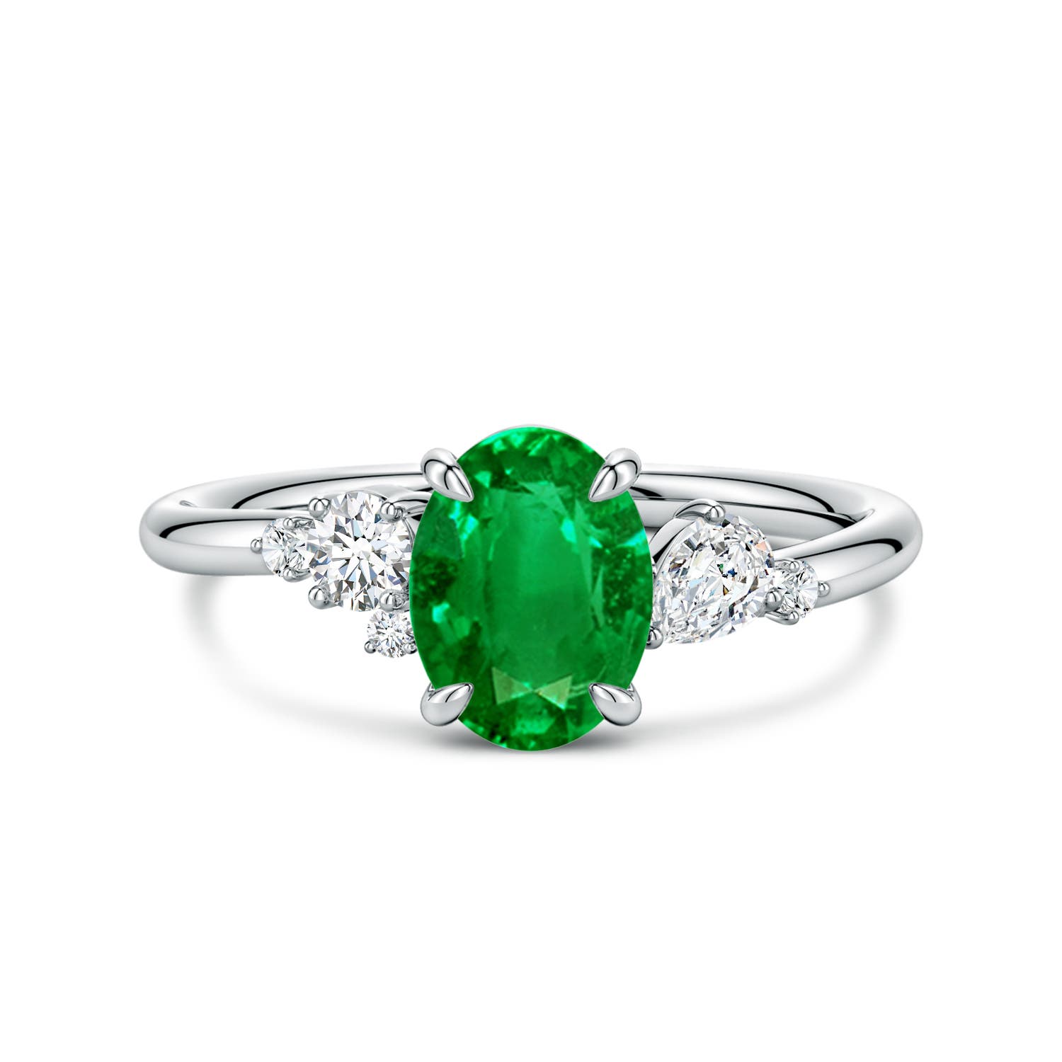 Angara 1.1 Carats Lab-Grown Claw Prong Oval Emerald Engagement Ring with Multi-Shape Diamonds in Platinum
