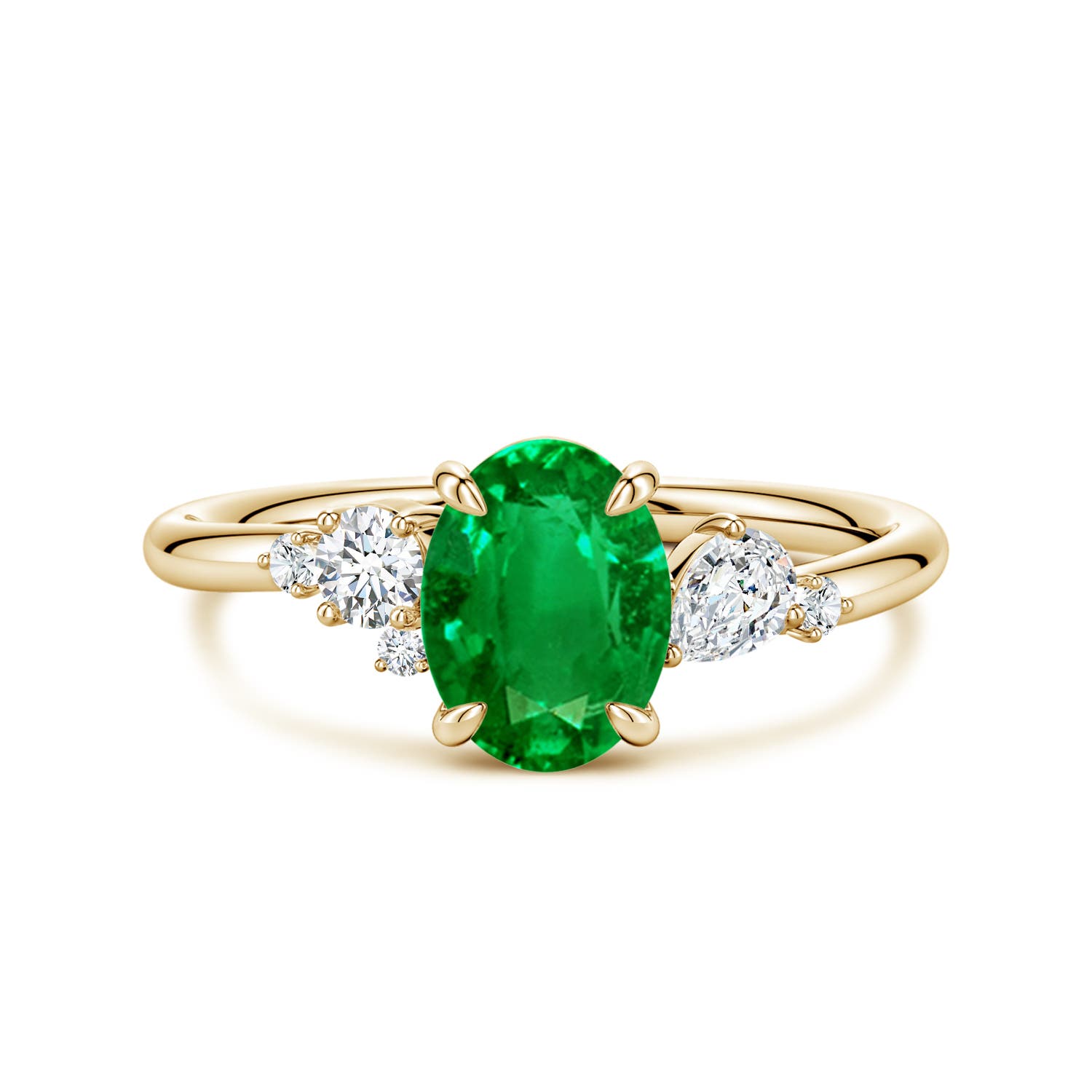 Angara 1.1 Carats Lab-Grown Claw Prong Oval Emerald Engagement Ring with Multi-Shape Diamonds in 10K Yellow Gold