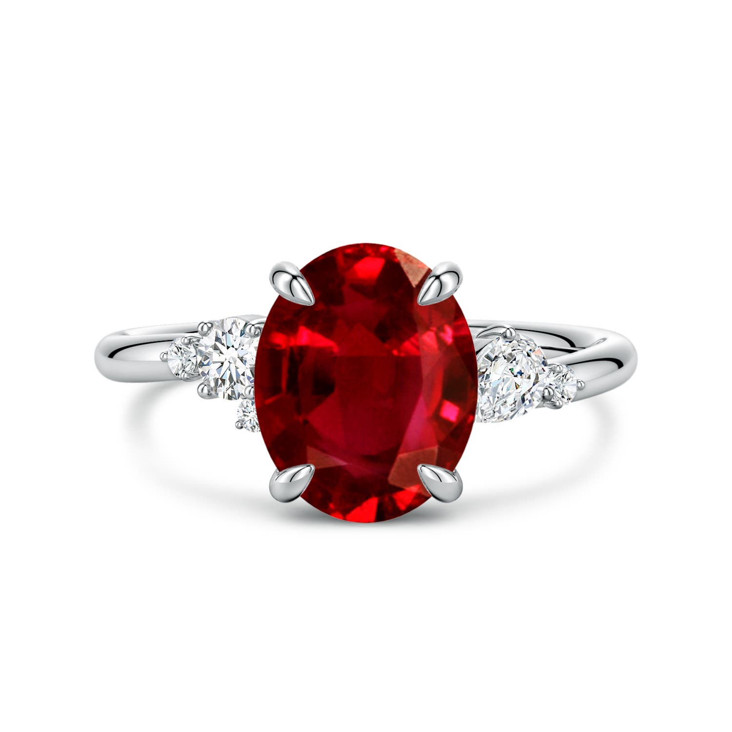Angara 3.3 Carats Lab-Grown Claw Prong Oval Ruby Engagement Ring with Multi-Shape Diamonds in Platinum