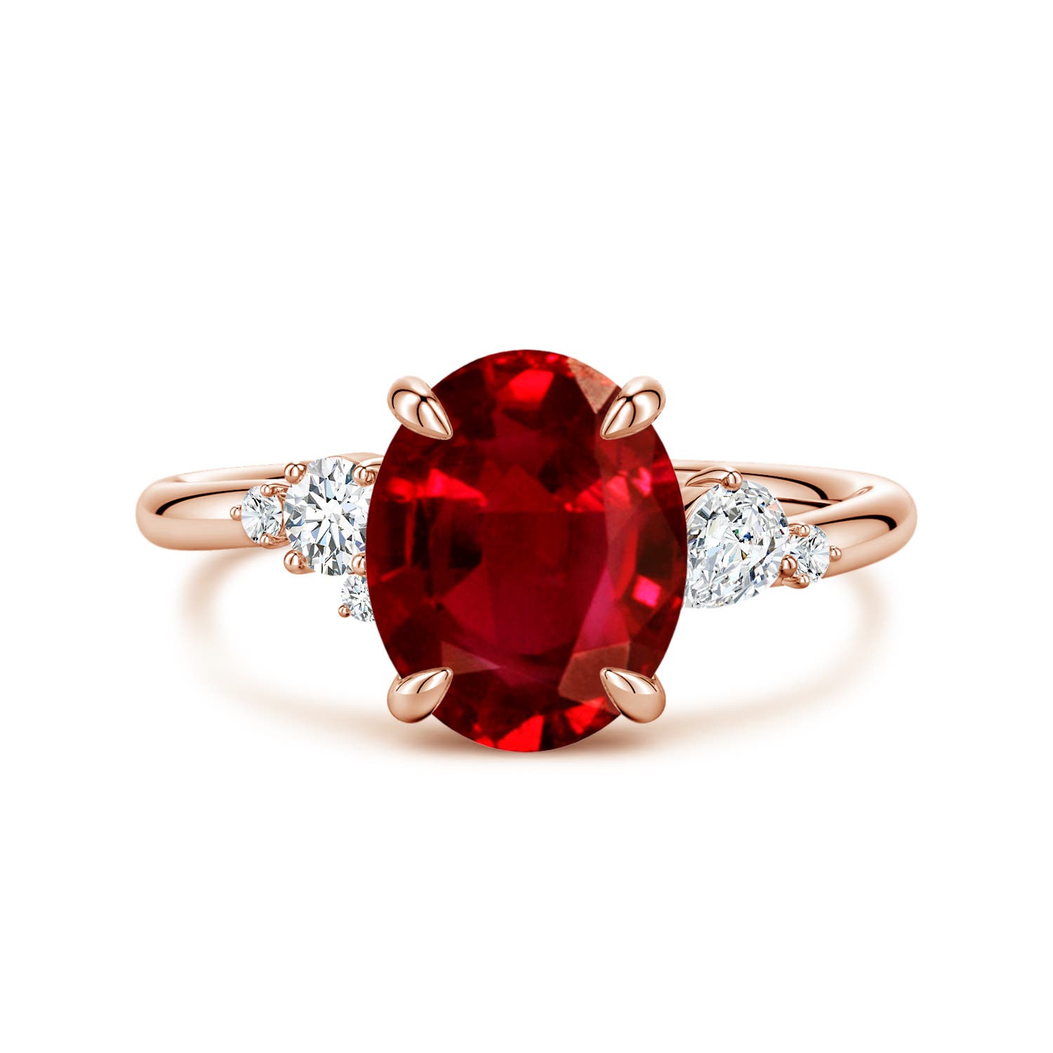 Angara 3.3 Carats Lab-Grown Claw Prong Oval Ruby Engagement Ring with Multi-Shape Diamonds in 14K Rose Gold