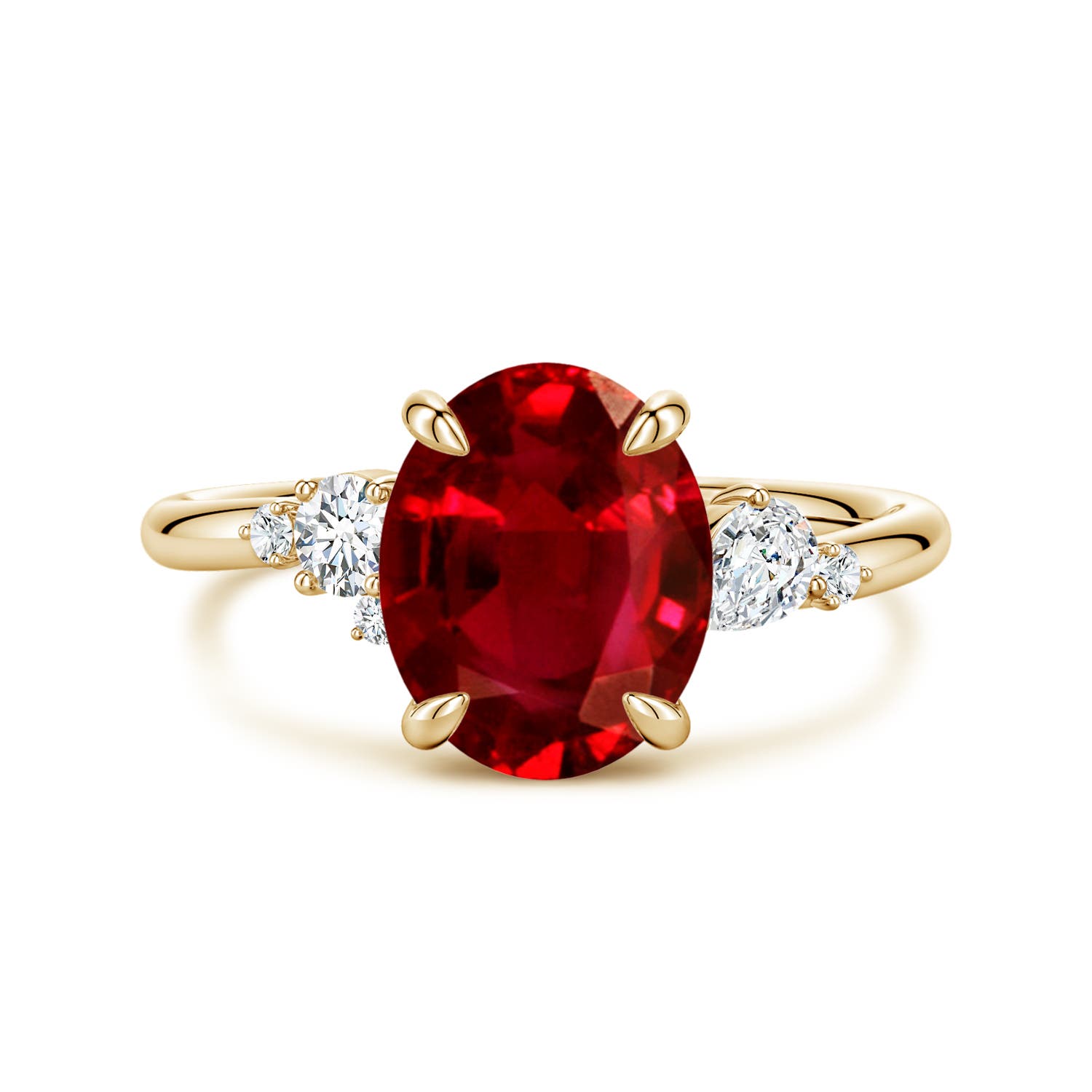 10x8mm Labgrown Lab-Grown Claw Prong Oval Ruby Engagement Ring with Multi-Shape Diamonds in Yellow Gold