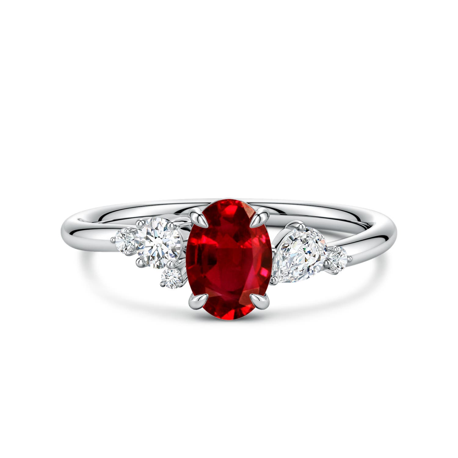 7x5mm Labgrown Lab-Grown Claw Prong Oval Ruby Engagement Ring with Multi-Shape Diamonds in White Gold