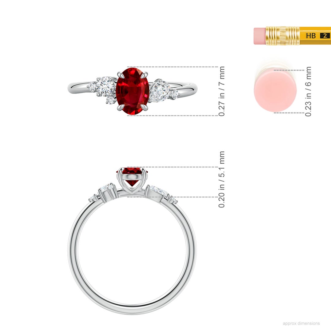 7x5mm Labgrown Lab-Grown Claw Prong Oval Ruby Engagement Ring with Multi-Shape Diamonds in White Gold - ruler