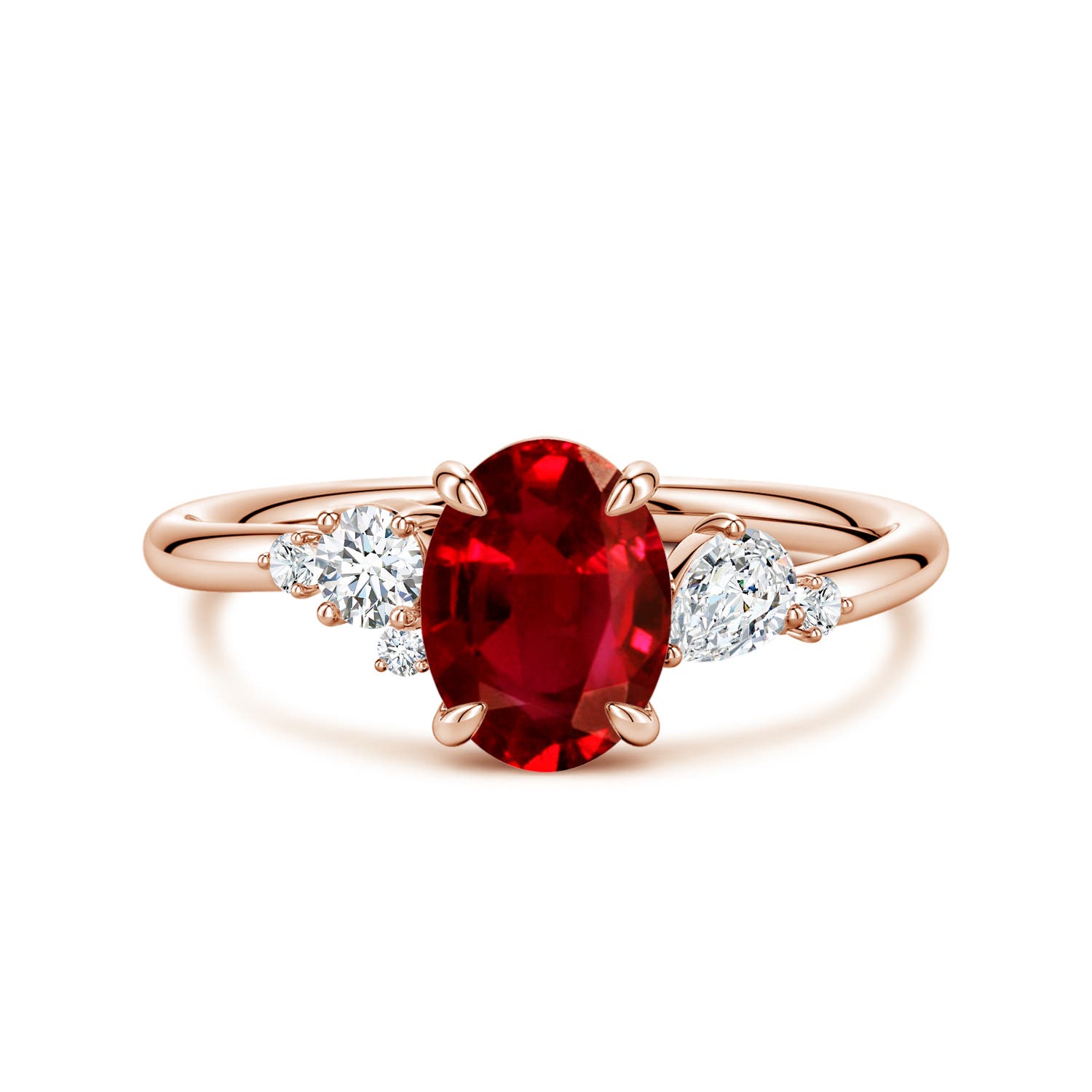 Angara 1.25 Carats Lab-Grown Claw Prong Oval Ruby Engagement Ring with Multi-Shape Diamonds in 18K Rose Gold