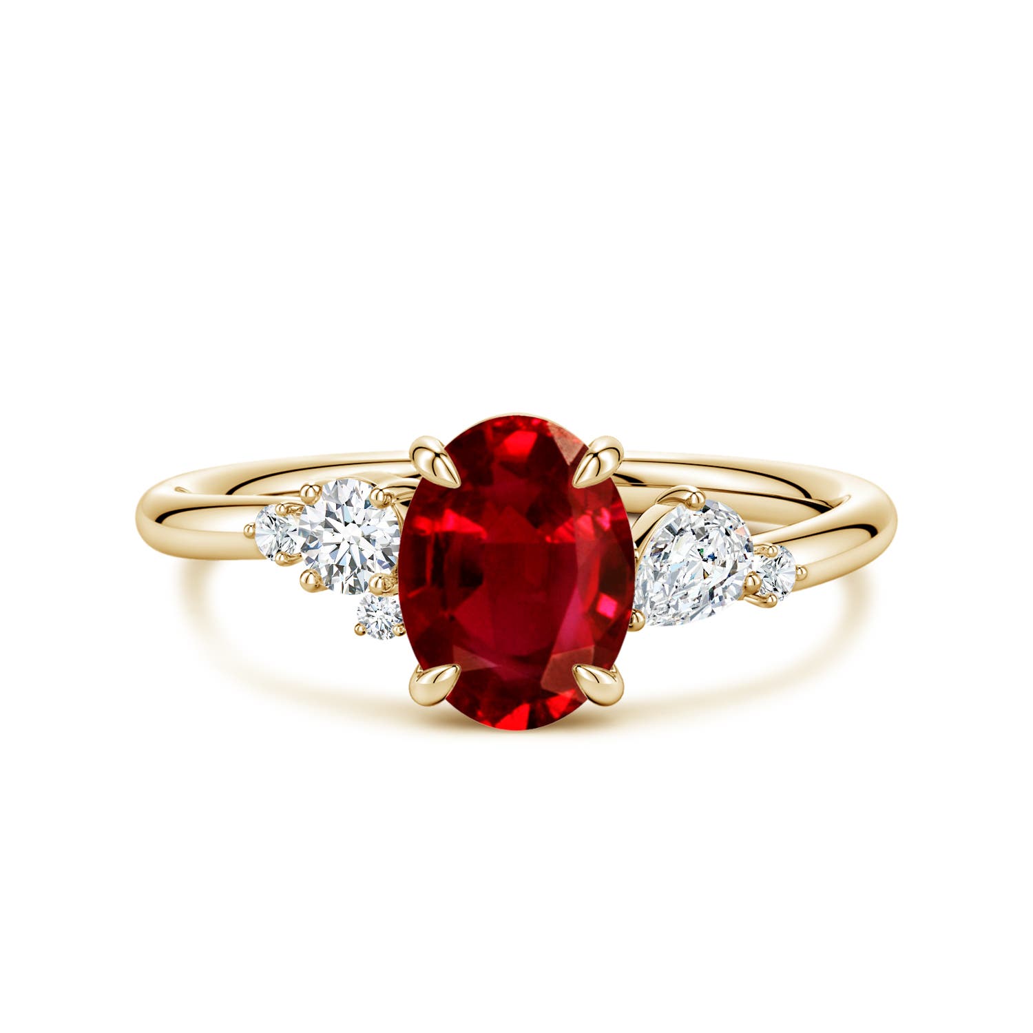 Angara 1.25 Carats Lab-Grown Claw Prong Oval Ruby Engagement Ring with Multi-Shape Diamonds in 18K Yellow Gold