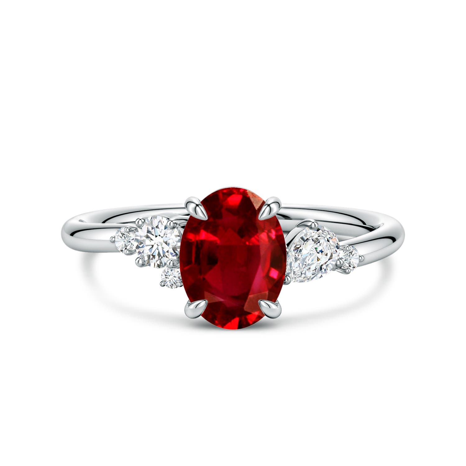 Angara 1.25 Carats Lab-Grown Claw Prong Oval Ruby Engagement Ring with Multi-Shape Diamonds in 14K White Gold