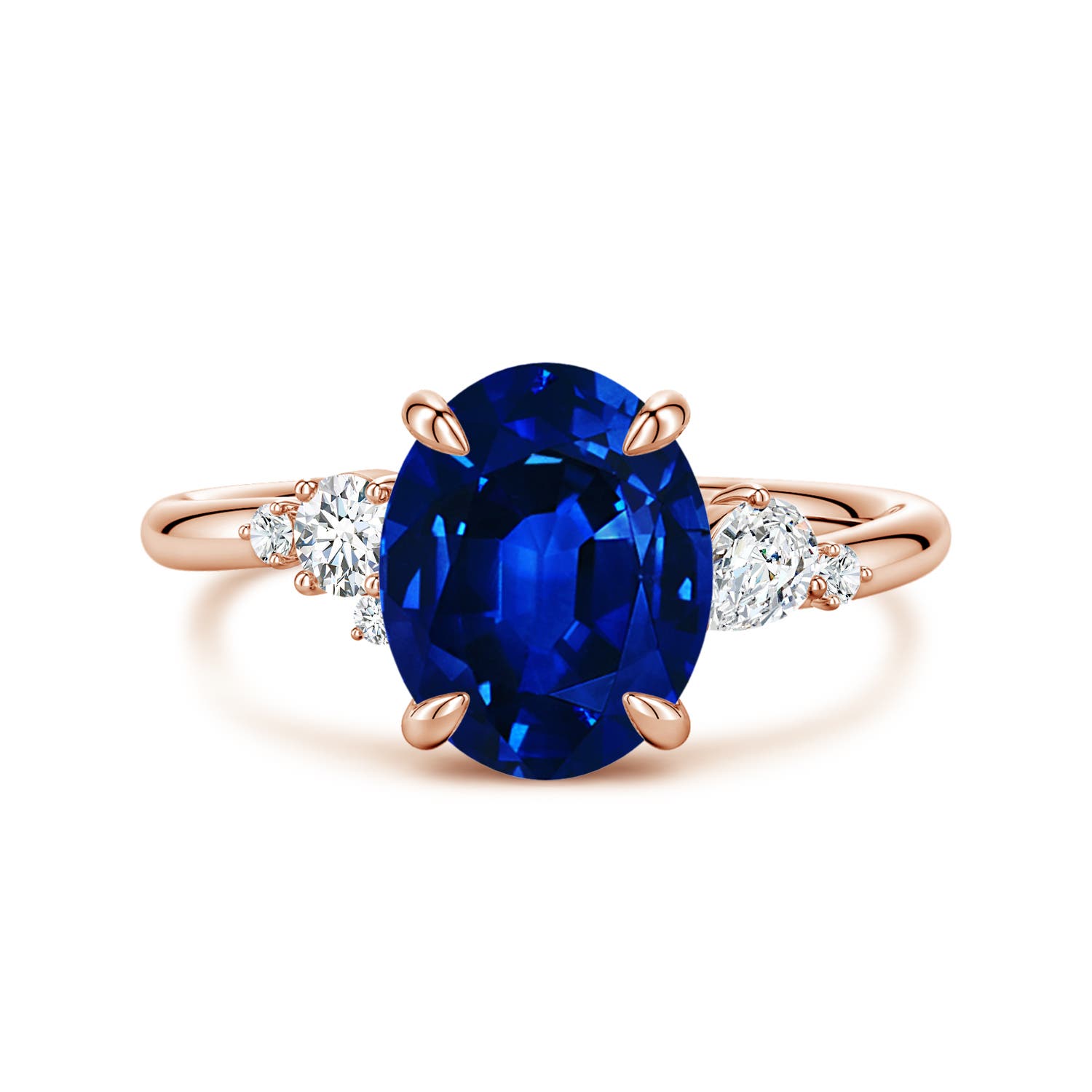 Angara 3.3 Carats Lab-Grown Claw Prong Oval Blue Sapphire Engagement Ring with Multi-Shape Diamonds in 14K Rose Gold