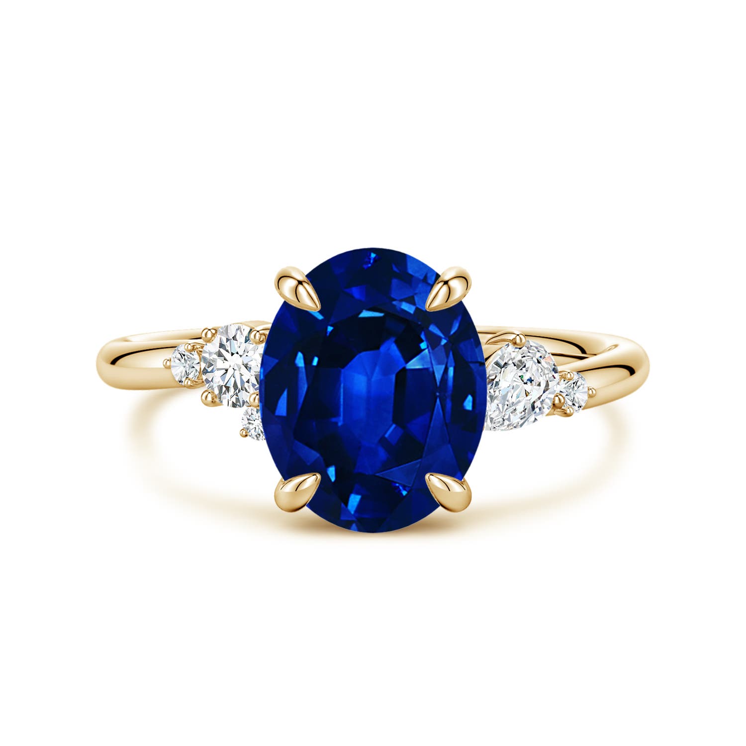 Angara 3.3 Carats Lab-Grown Claw Prong Oval Blue Sapphire Engagement Ring with Multi-Shape Diamonds in 14K Yellow Gold