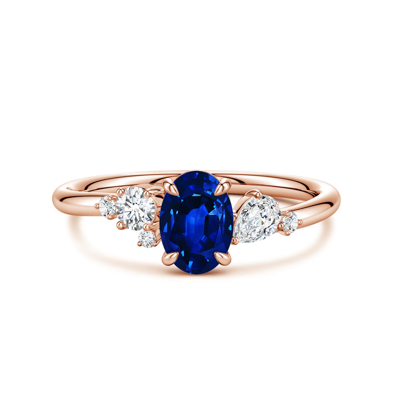 Angara 0.85 Carat Lab-Grown Claw Prong Oval Blue Sapphire Engagement Ring with Multi-Shape Diamonds in 18K Rose Gold