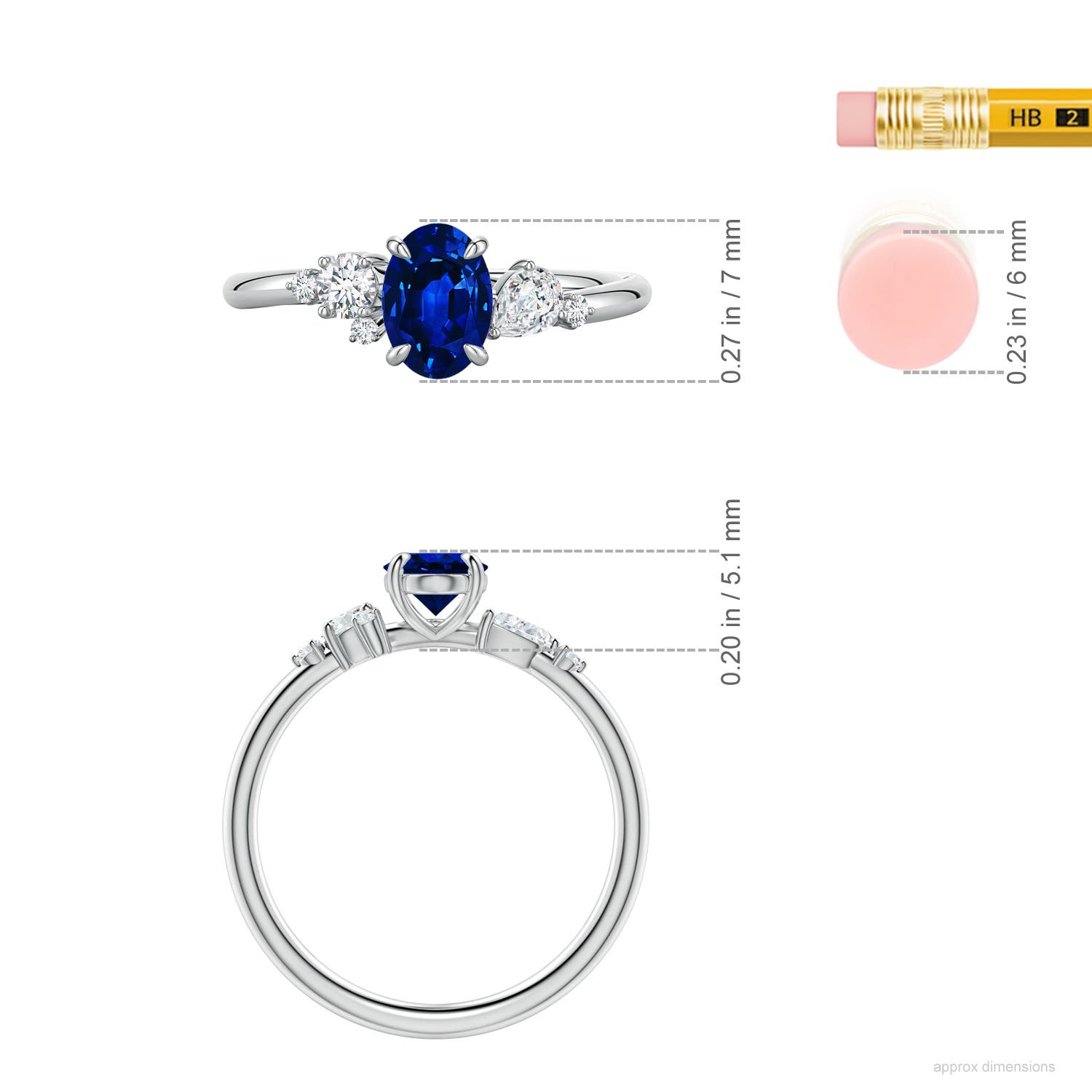 7x5mm Labgrown Lab-Grown Claw Prong Oval Blue Sapphire Engagement Ring with Multi-Shape Diamonds in White Gold - ruler
