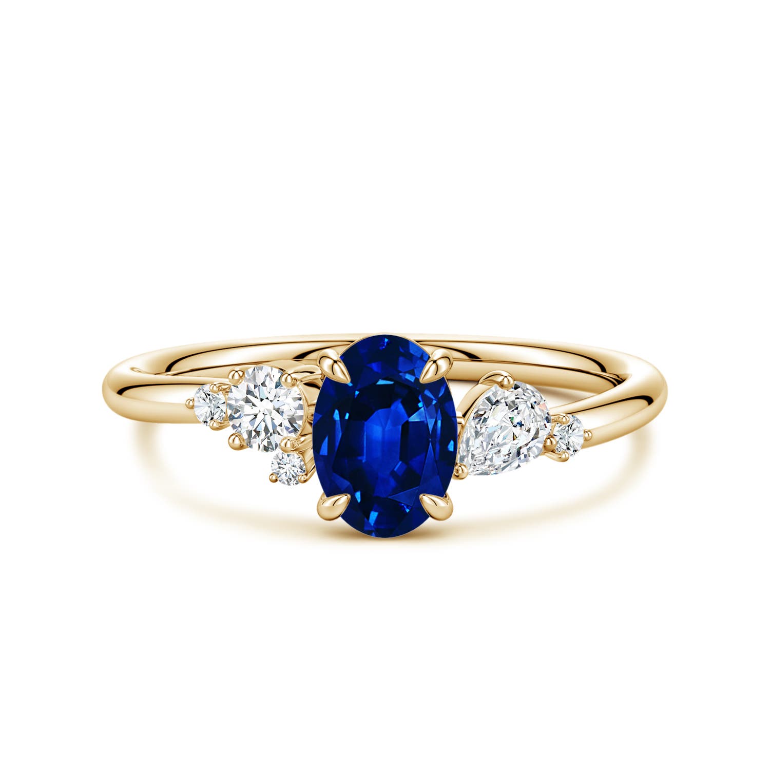 Angara 0.85 Carat Lab-Grown Claw Prong Oval Blue Sapphire Engagement Ring with Multi-Shape Diamonds in 14K Yellow Gold