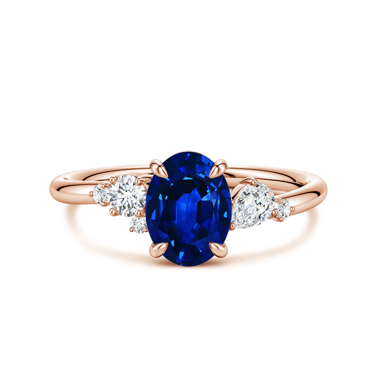 Angara 1.55 Carats Lab-Grown Claw Prong Oval Blue Sapphire Engagement Ring with Multi-Shape Diamonds in 14K Rose Gold