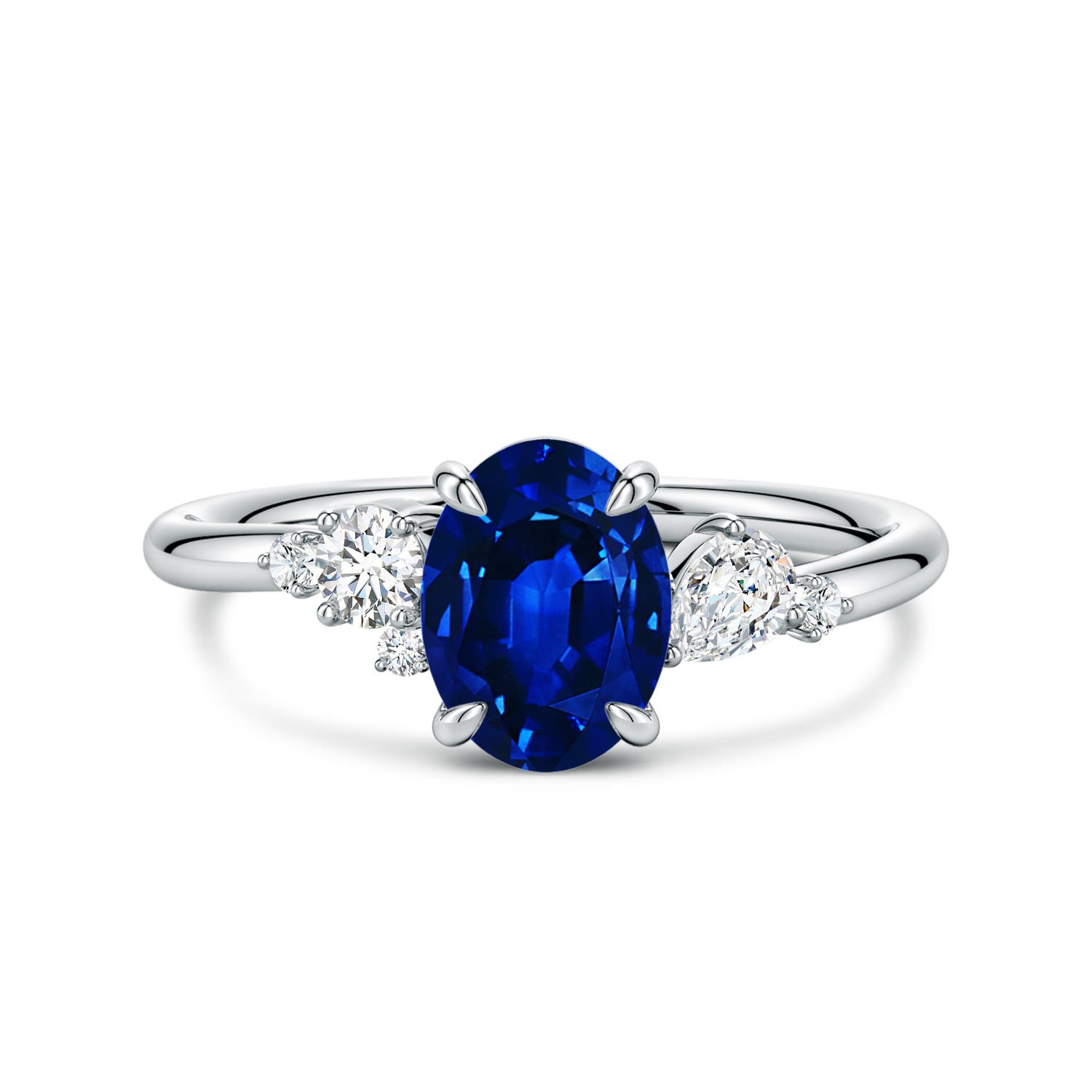 Angara 1.55 Carats Lab-Grown Claw Prong Oval Blue Sapphire Engagement Ring with Multi-Shape Diamonds in 14K White Gold