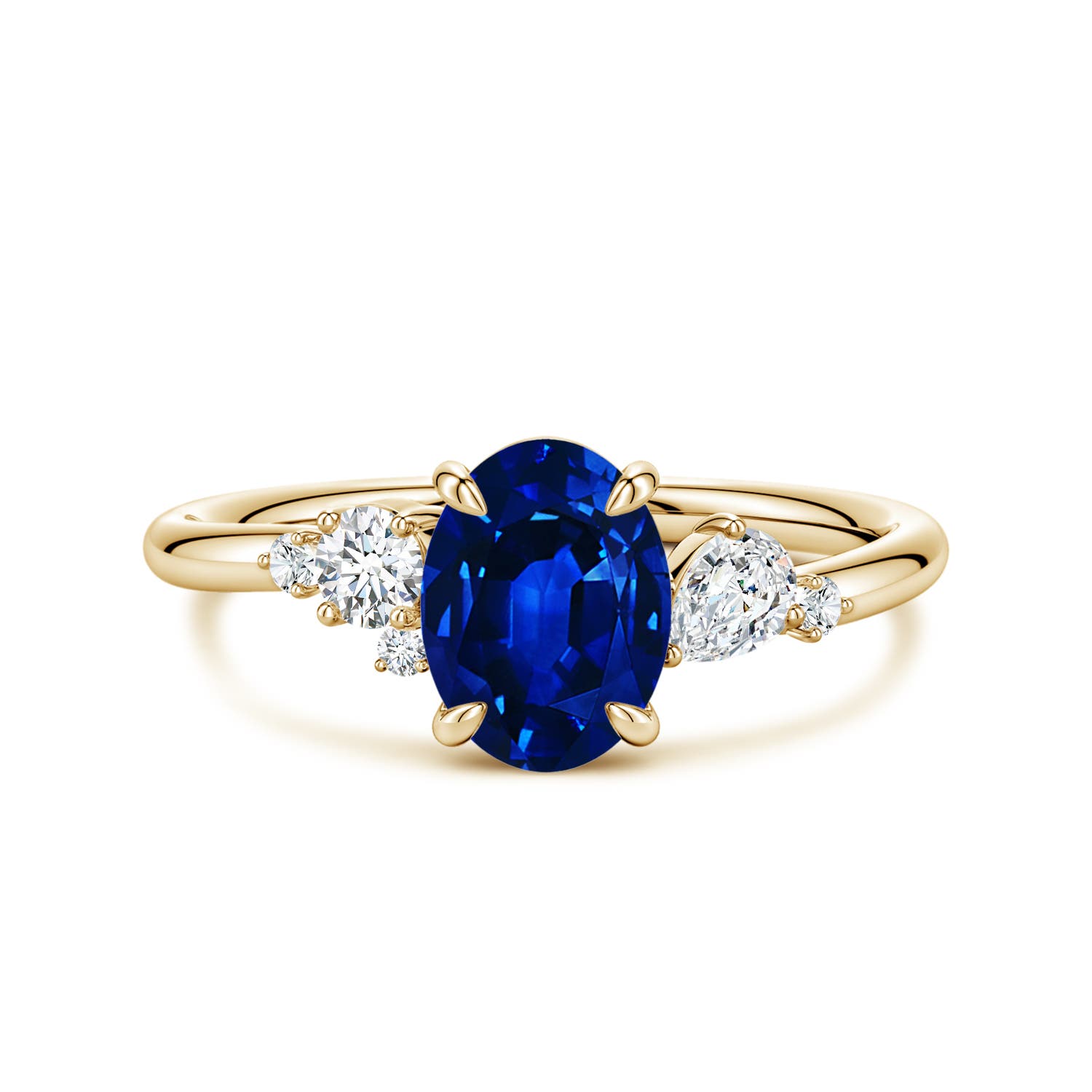 Angara 1.55 Carats Lab-Grown Claw Prong Oval Blue Sapphire Engagement Ring with Multi-Shape Diamonds in 14K Yellow Gold