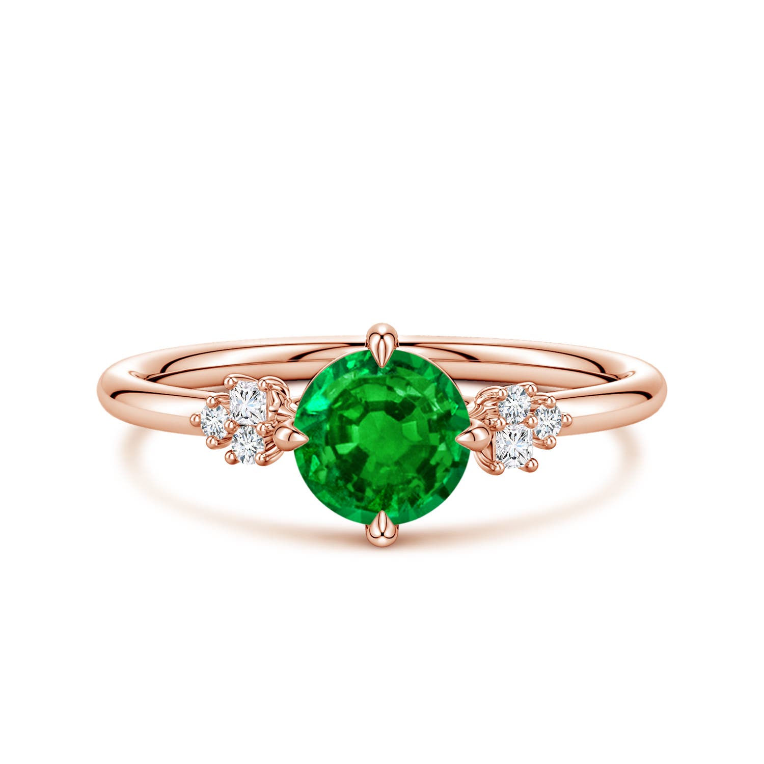 Angara 0.75 Carat Lab-Grown Round Emerald Engagement Ring with Mixed Cut Diamonds in 14K Rose Gold
